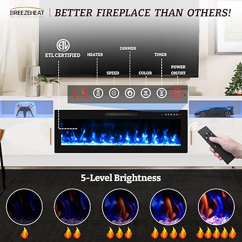 Miniatura 83 de BREEZEHEAT Soporte de TV eléctrico con chimenea de 36 pulgadas de hasta 80 pulgadas, centro de entretenimiento LED con puertas de alto brillo,