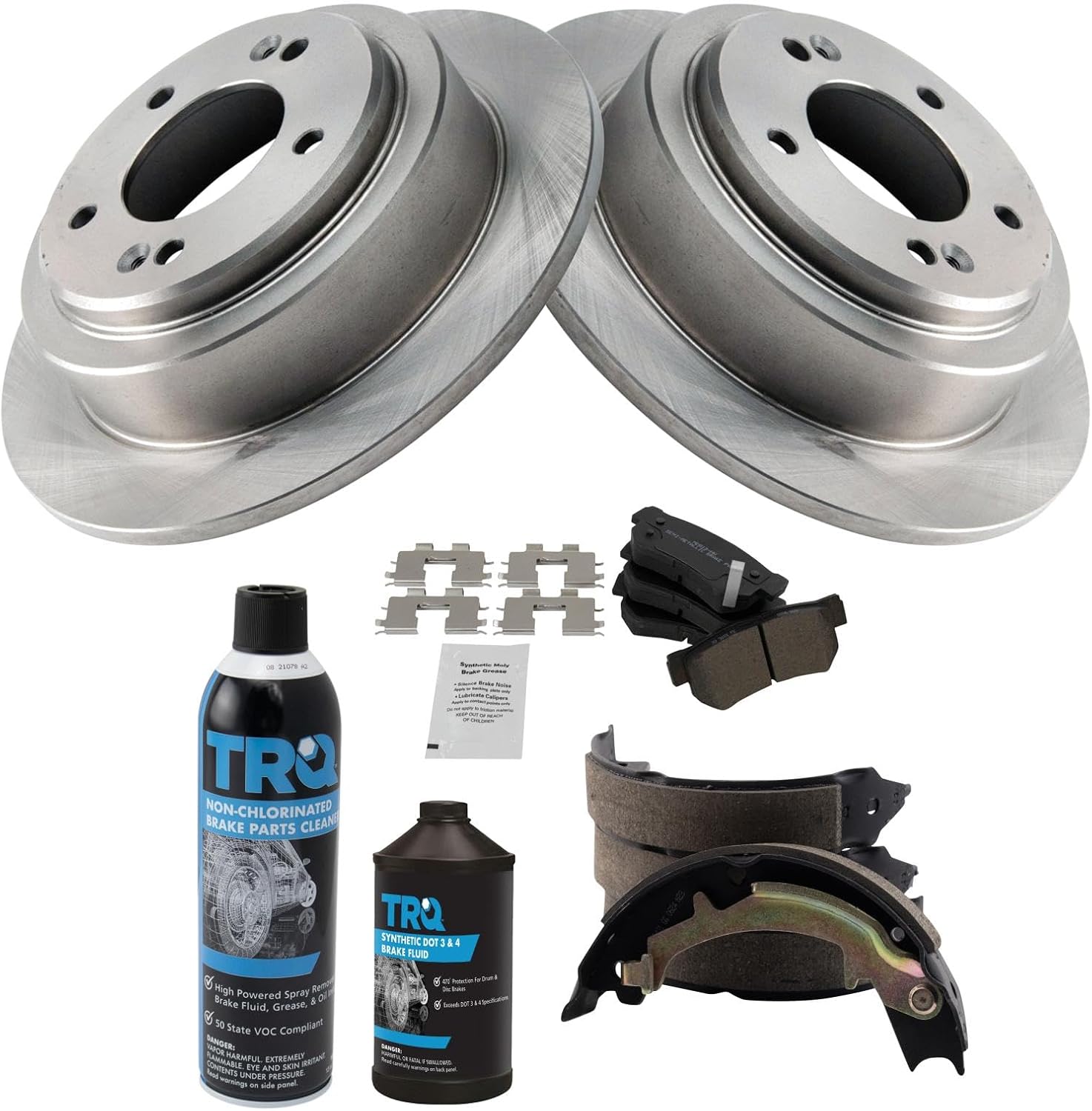 TRQ Rear Brake Pad & Rotor Kit Brake Chemical Kit Brake Pads Brake Rotor Parking Brake Shoe Set Semi-Metallic Compatible with 2004-2006 Kia Amanti