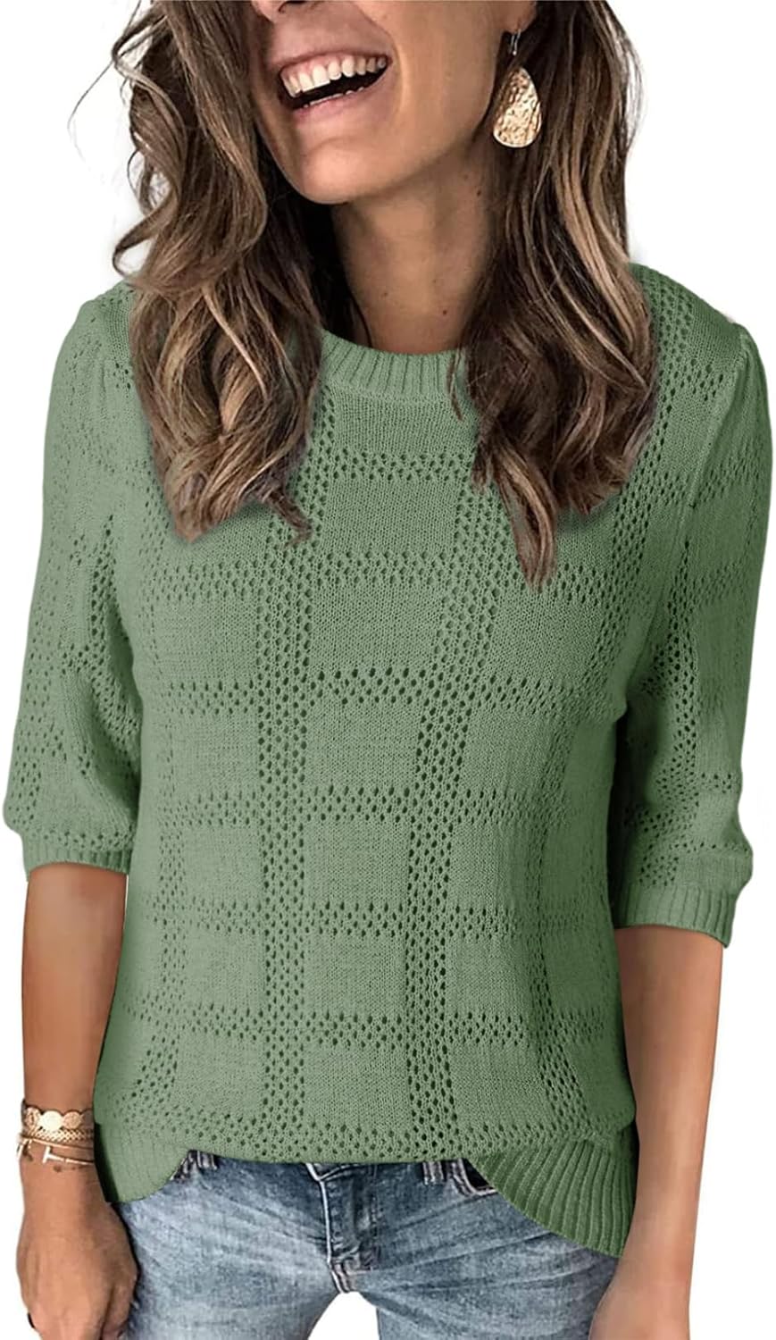 Dokotoo Women's Casual Short Sleeve Loose Tunic Tops Lightweight Crochet Knit Summer Sweaters Blouses