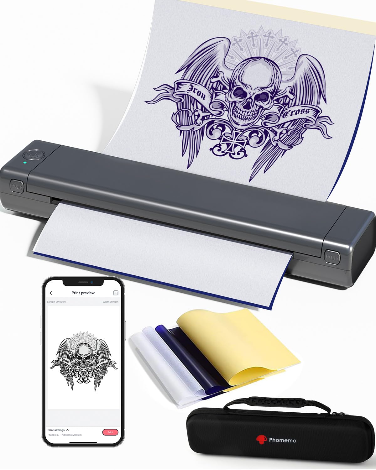 Phomemo M08F Termocopiadora Tatuaje para Artistas del Tatuaje, Impresora Termica Tattoo Compatible con Teléfono y PC, con Estuche de Almacenamiento y 10pcs Papel de Transferencia