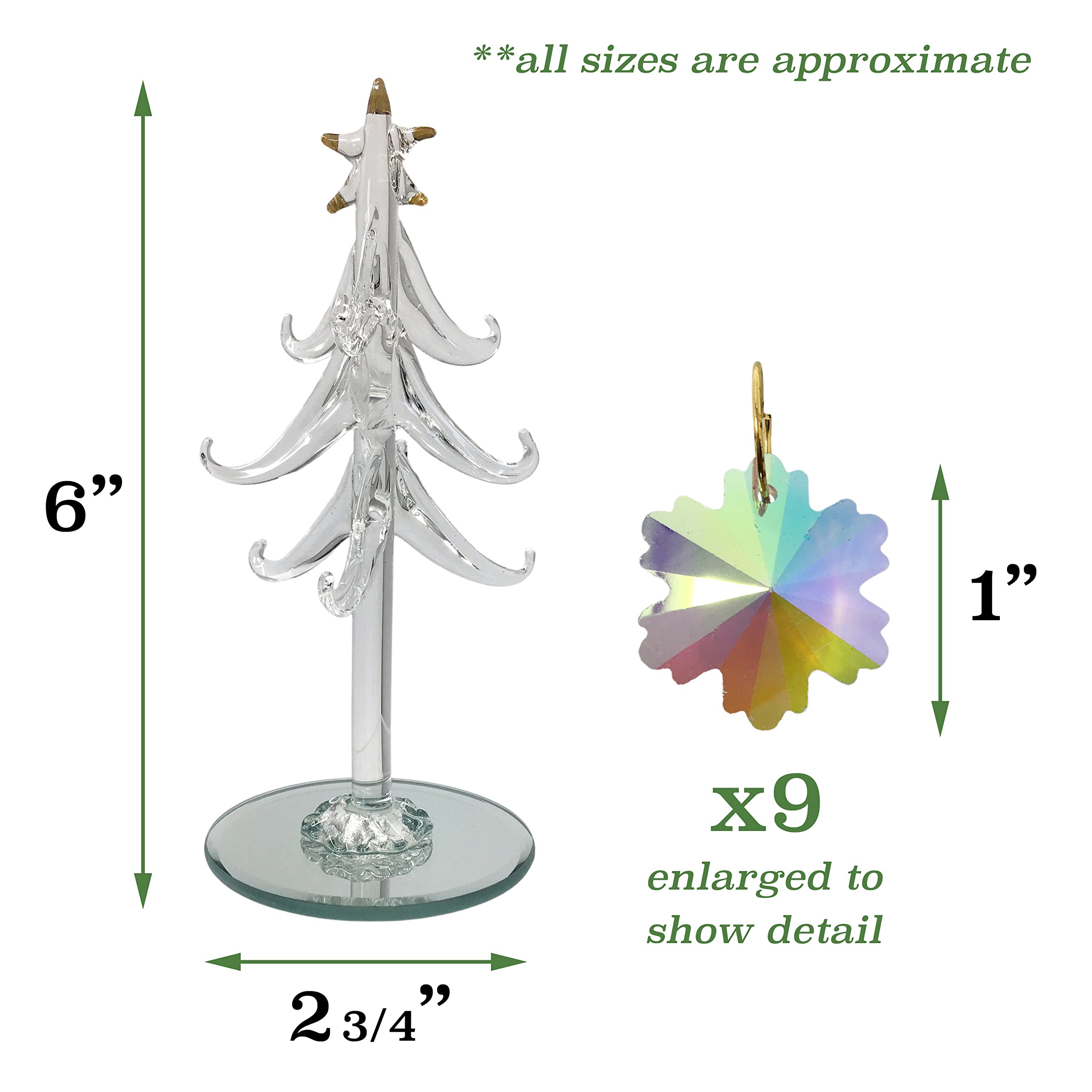 Tabletop Christmas Tree with Gold Trimmed Star - 9 Removable Iridescent Crystal Snowflake Ornaments - Mirrored Base - 6