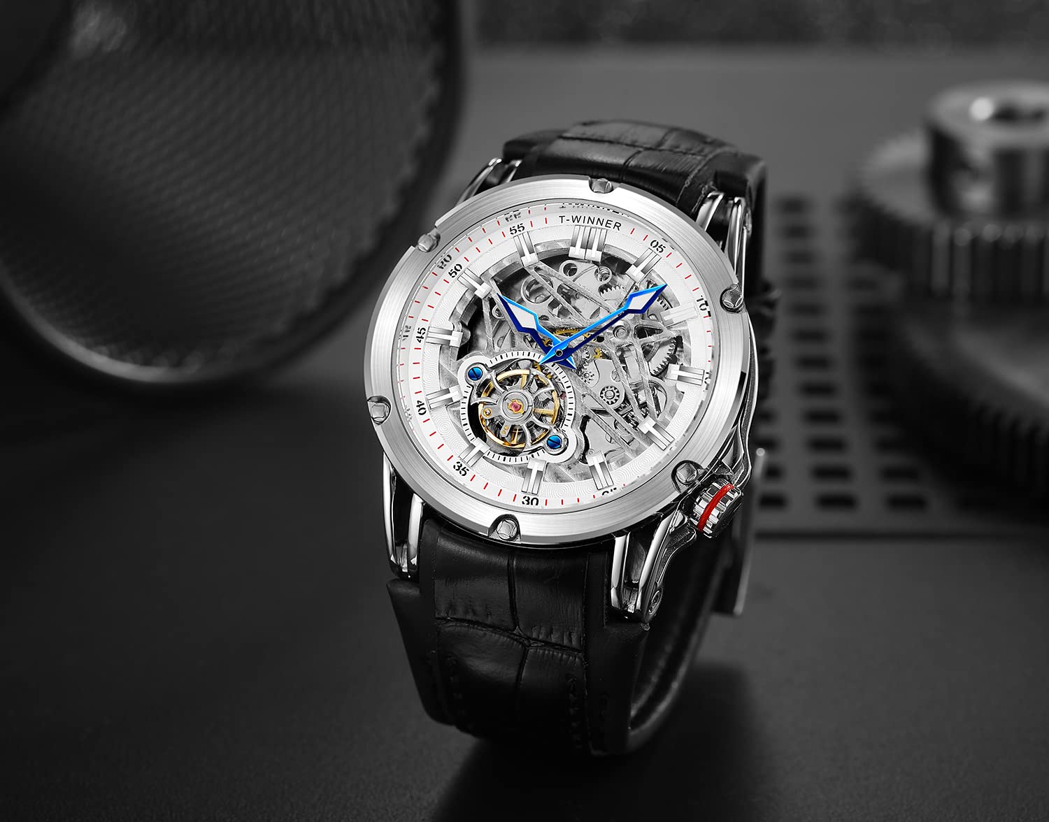 FORSINING Wasserdichte automatische Herrenuhr mit großem Zifferblatt, leistungsstark, exotische Tourbillion-Skelett-Uhr