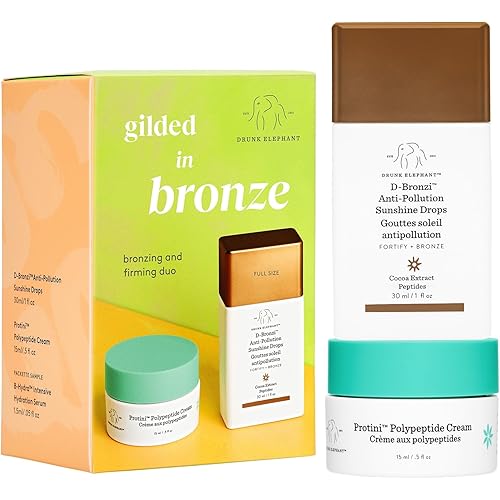 Drunk Elephant Gilded in Bronze Kit - Includes D-Bronzi Anti-Pollution Sunshine Drops (30 ml/1 fl oz) & Protini Polypeptide Cream (15 ml/0.5 fl oz) - Holiday Gift Set