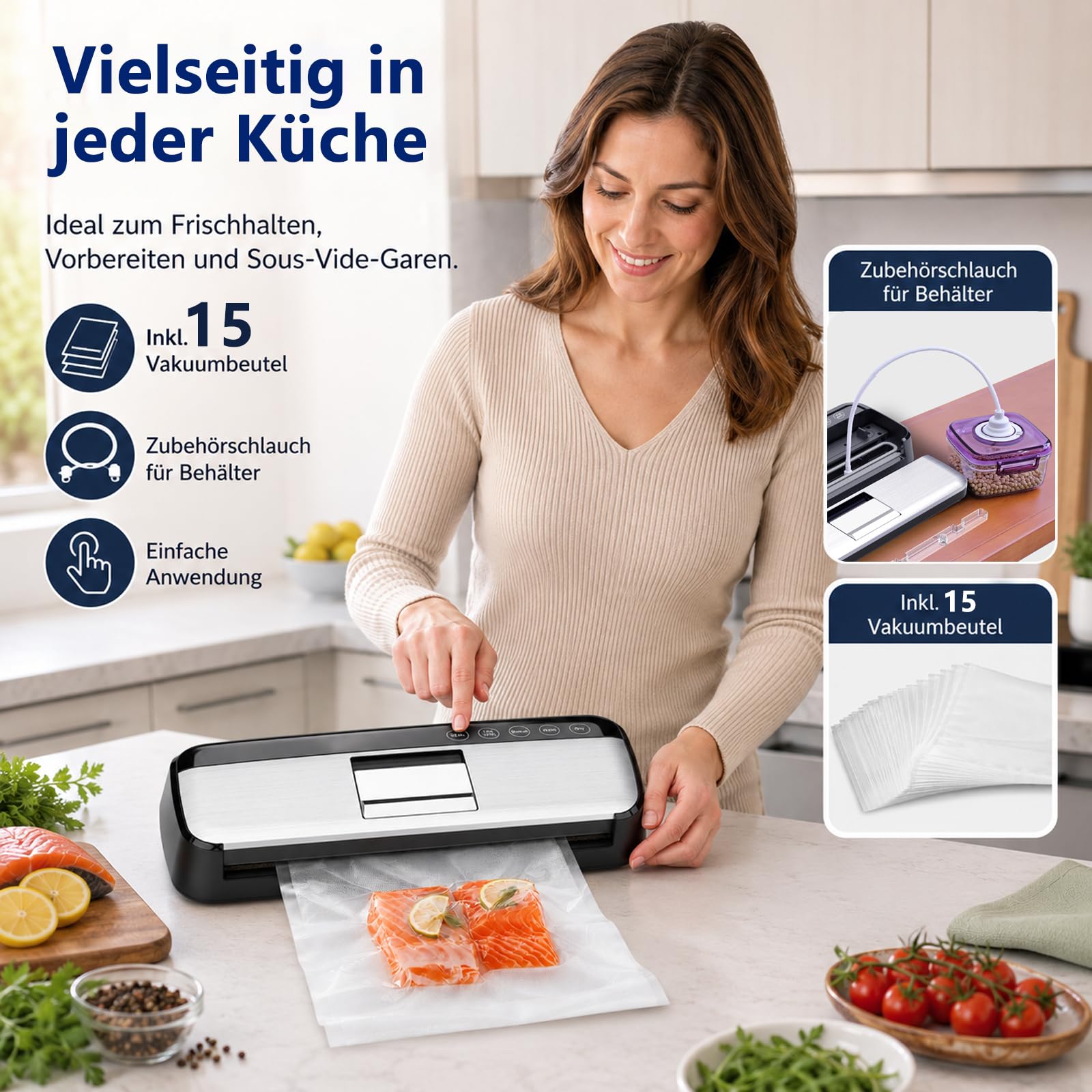 Envasadora al Vacío para Alimentos, Selladora al Vacío Automática con 15 Bolsas, Máquina de Sellado para Alimentos Secos y Húmedos, Vacuum Sealer con Doble Bomba y Sellado de 31 cm