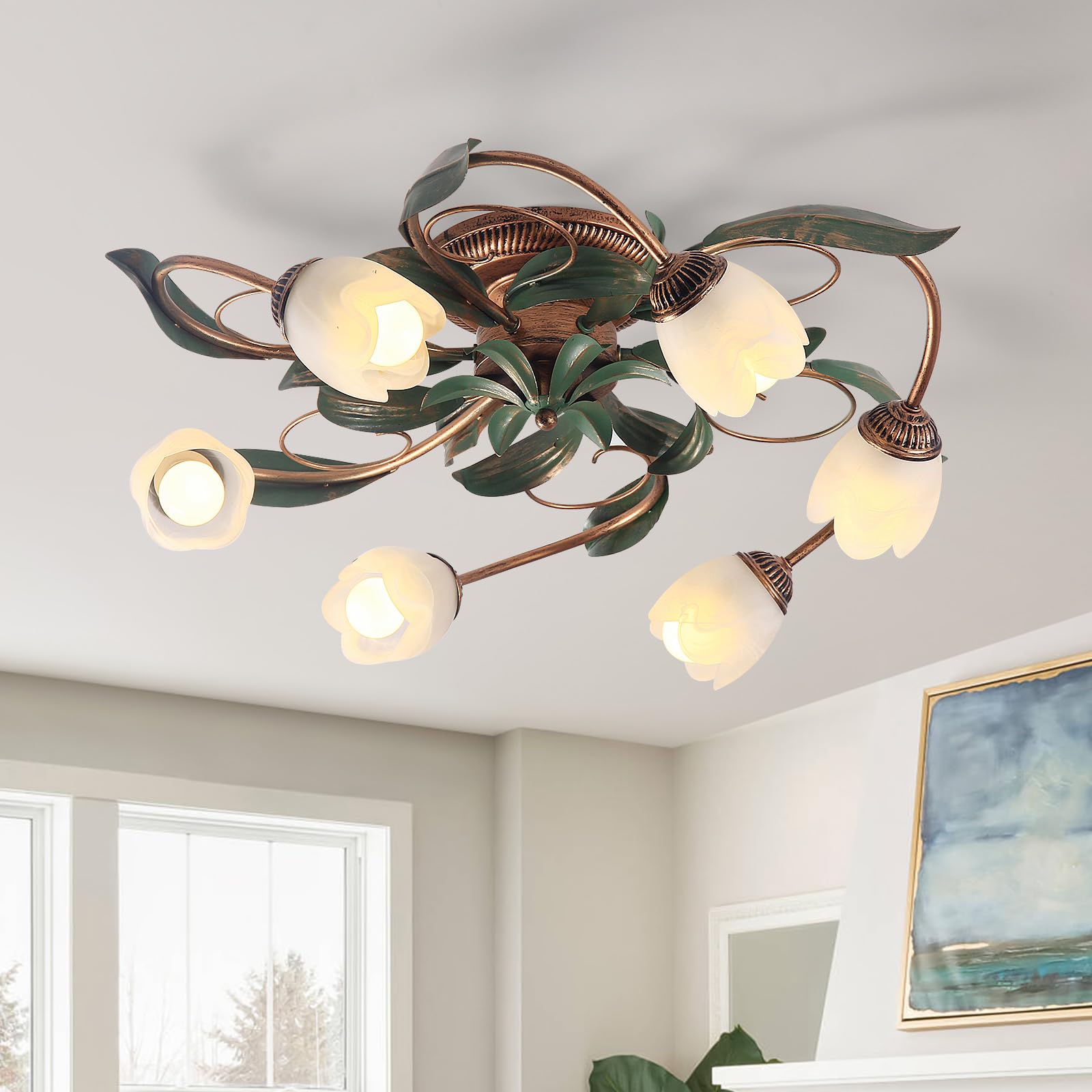 Lamparas De Techo Salon DiseñO Floral Vintage,Lampara Techo Hierro Con BañO De Cobre Y Blanco Vidrio Rosas Pantalla Candeeiro,Lampara De Techo Para Cocina,Dormitorio,Recibidor,6Cabeza
