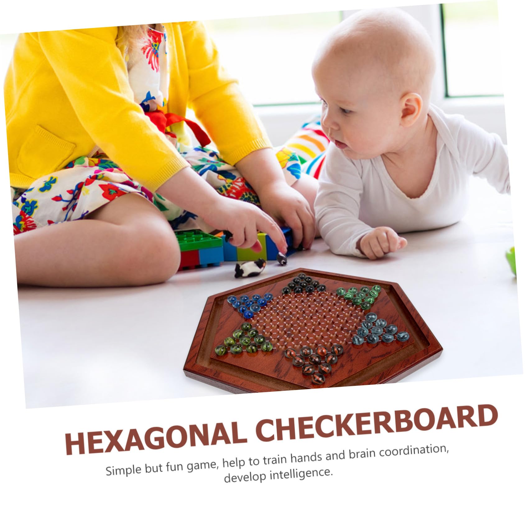 Hohopeti Gioco da Tavolo Dama Cinese Scacchiera Esagonale in Legno Marrone, Set per Bambini, Miglioramento Abilità Problem Solving e Multiplayer, per Uso Domestico