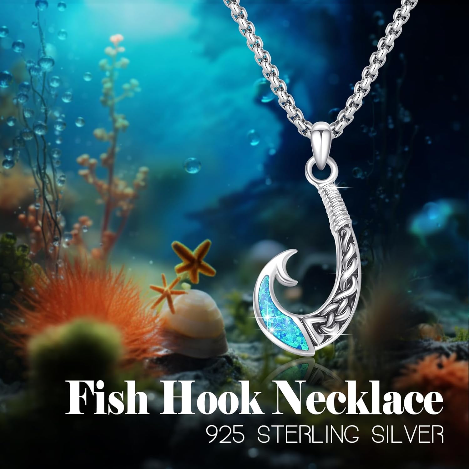 Fish Hook Necklace 925 Sterling Silver with Turquoise Opal Hawaiian Jewelry for Women Men Unisex Protection Gift for Birthday Valentine Day