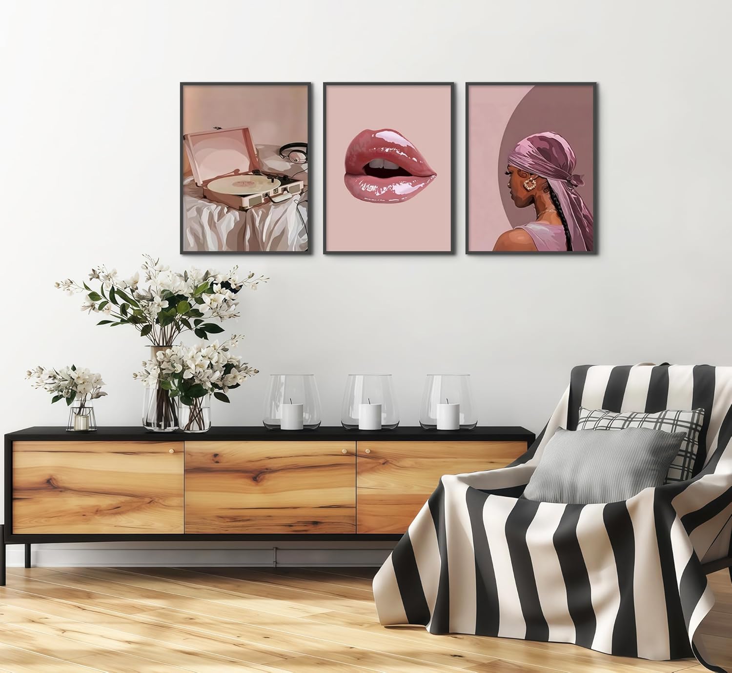 3Pcs Black Woman Canvas Wall Art Pink Trendy African American Painting Picture Wall Decor Fashion Black Girl Record Music Poster Print Artwork for Living Room Bedroom Office Apartment Home Decoration