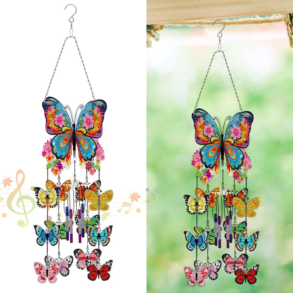 Diamond Art Wind Chime Kit, Diamond Paintings Wind Chime Hanging Ornaments, Diamond Dot Painting Pendant, Gifts for Mom Grandma Women Wife Aunt Sister, Home Window Garden Yard Decor (Butterfly)