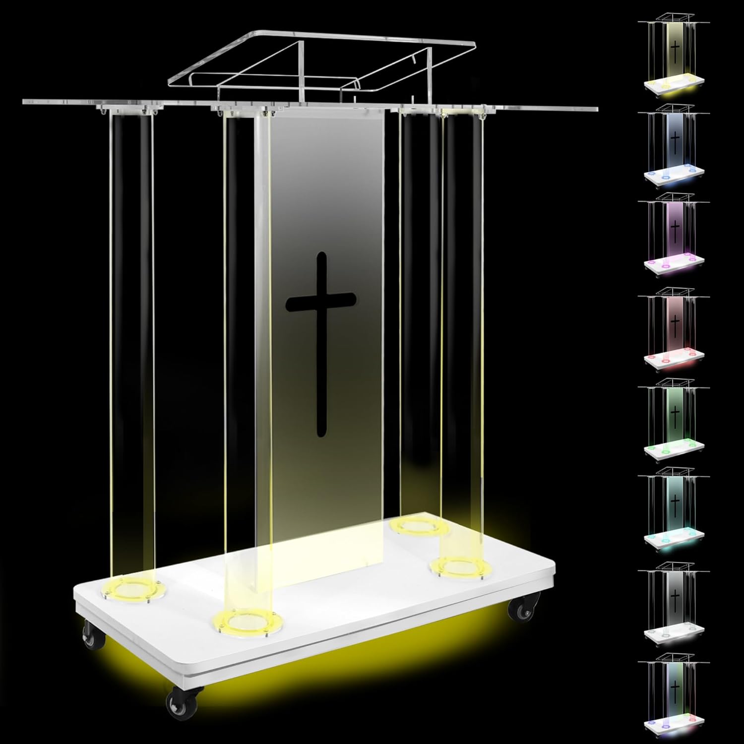 Acrylic Church Pulpit with LED Lights 46”H Clear Podium Stand with Universal Wheels and Reading Platform Movable pulpits for Churches, Wedding, Concert, Meeting