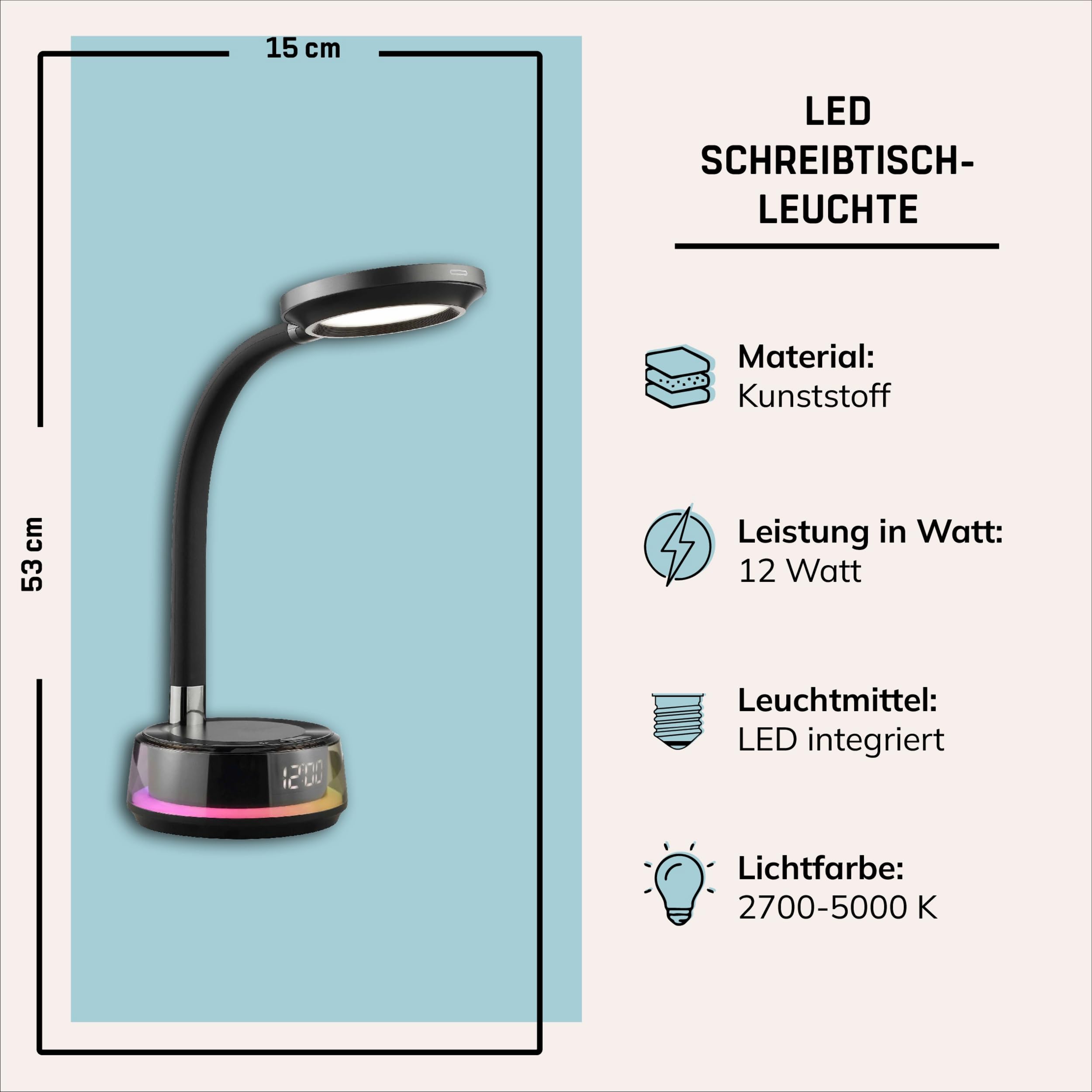 Lightbox LED Schreibtischlampe - dimmbare schwarze Schreibtischleuchte - LED-Tischlampe mit USB - Wireless Charging - CCT - RGB-Lichteffekt