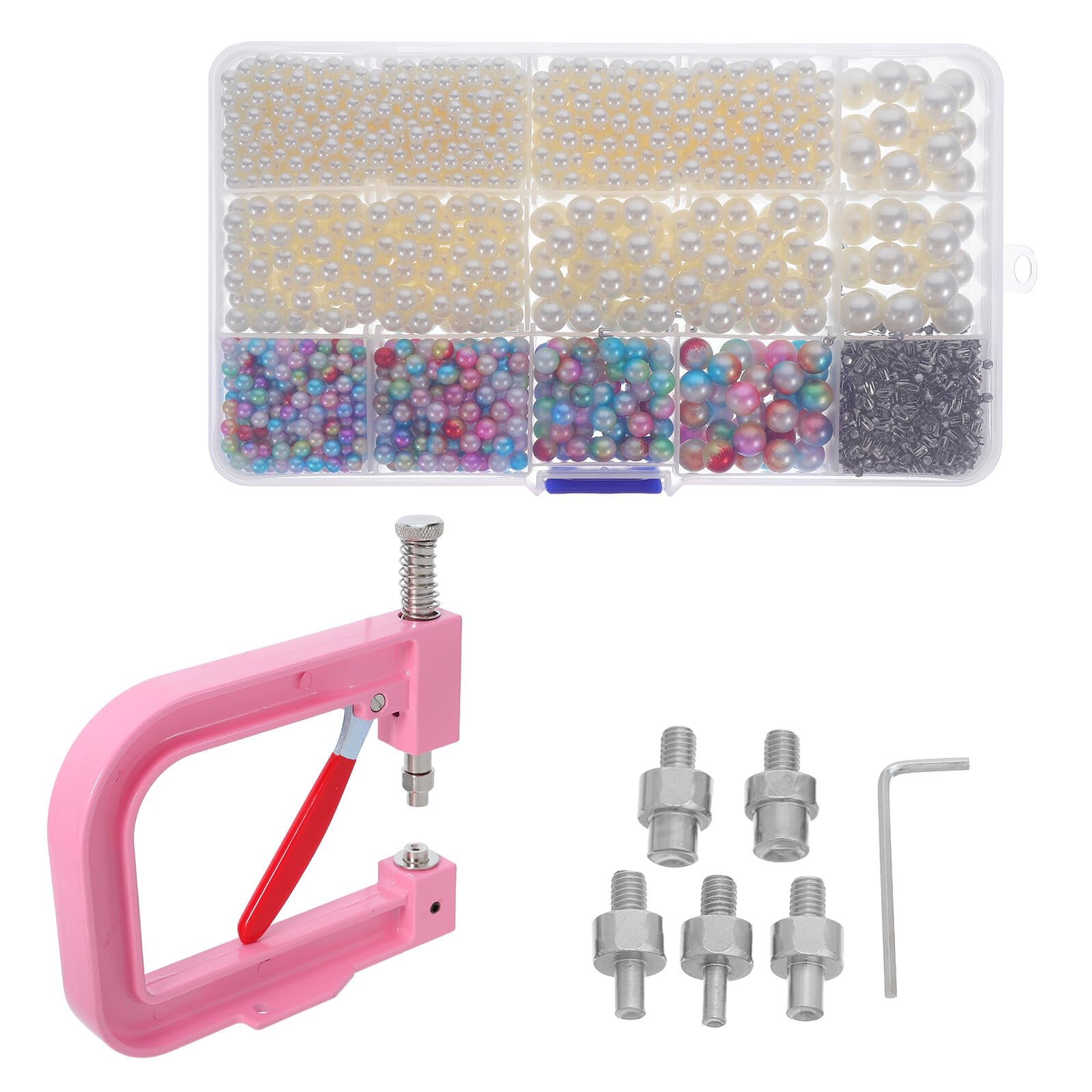 Juego de Herramientas para Engarzar Cuentas Prensa Manual Rosa Kit Máquina para Fijar Perlas Beige Remaches Redondos para Ropa Bolsos Zapatos y Manualidades de Bricolaje