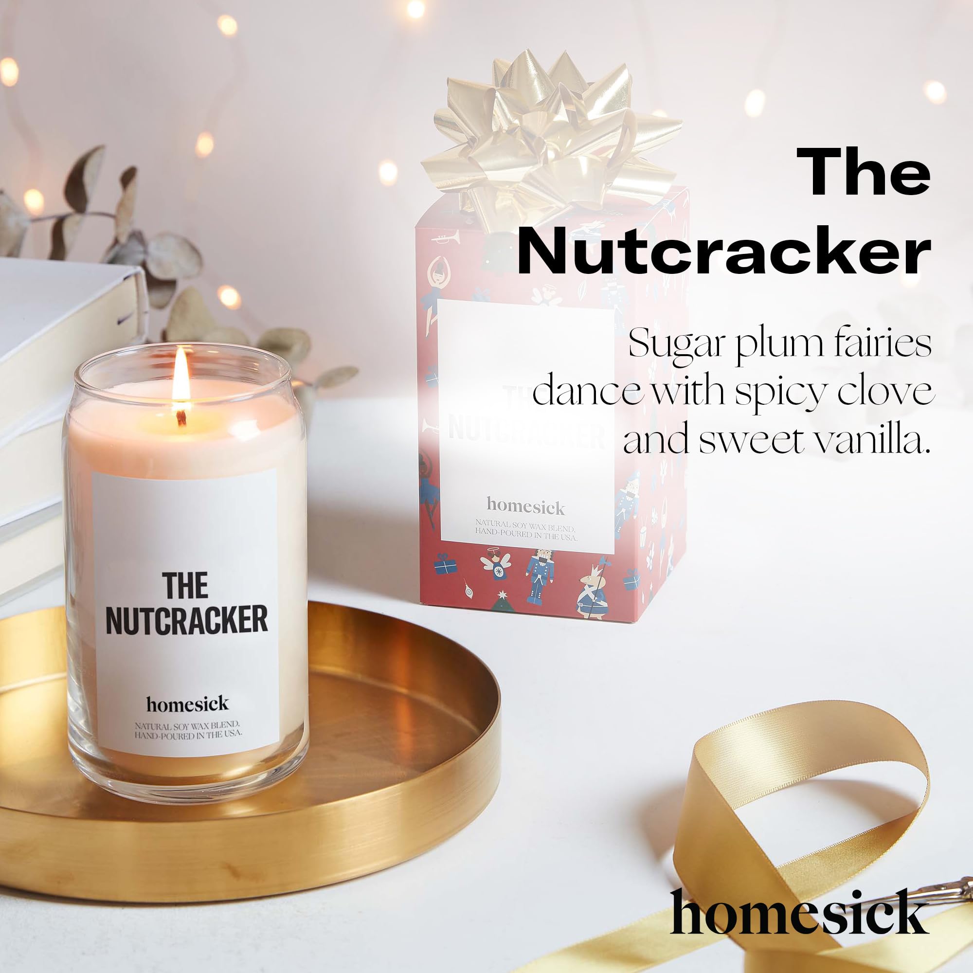 Homesick The Nutcracker Bougie parfumée de qualité supérieure – Senteurs de cannelle, clou de girofle, noix de pécan, 400 g, combustion de 60 à 80 heures, mélange de soja naturel, décoration