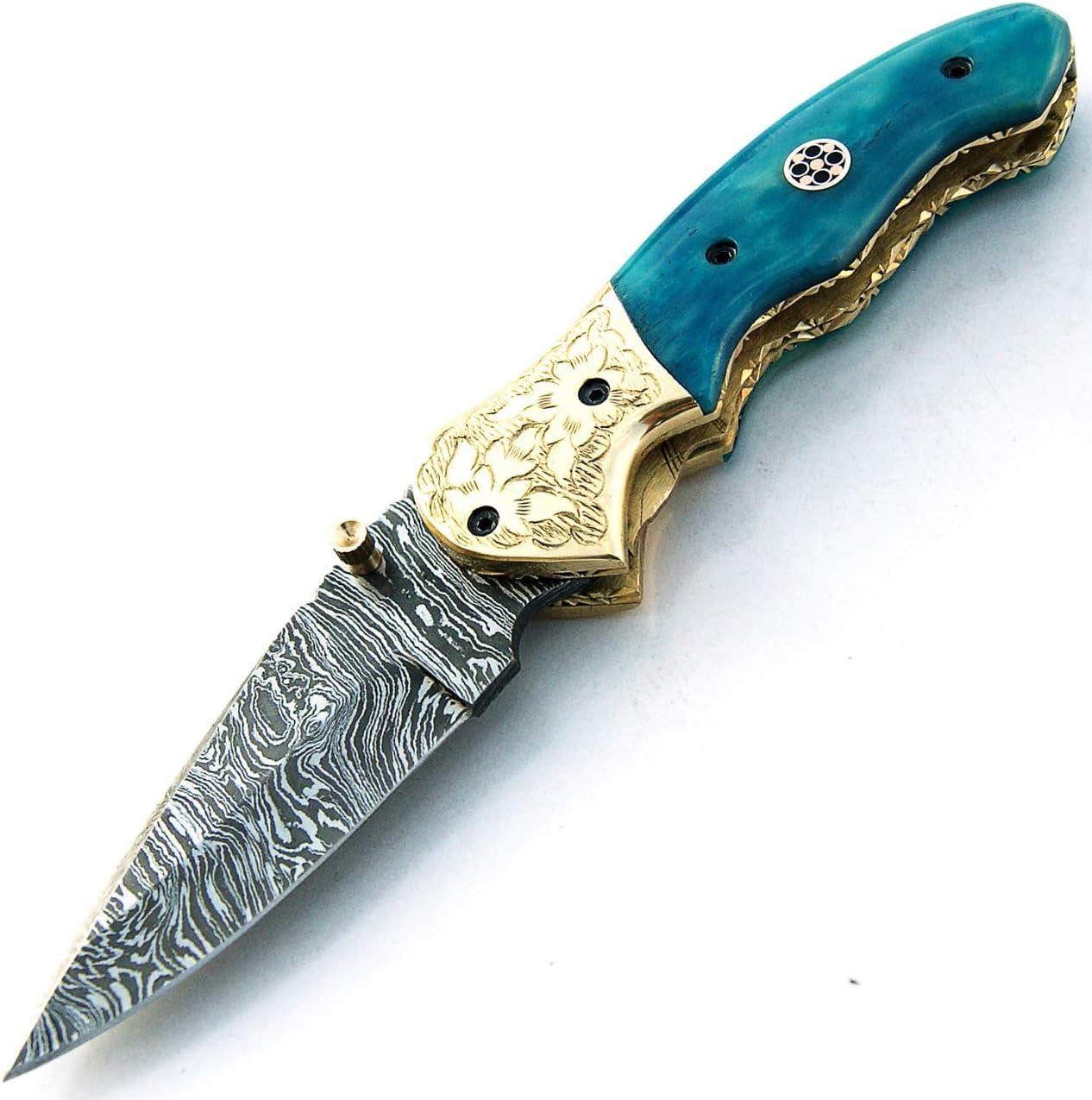 PAL 2000 KNIVES FOL-9418 Handmade Damascus Steel 7.4 Inches Folding Pocket Knife - Stained Bone Handle with Sheath