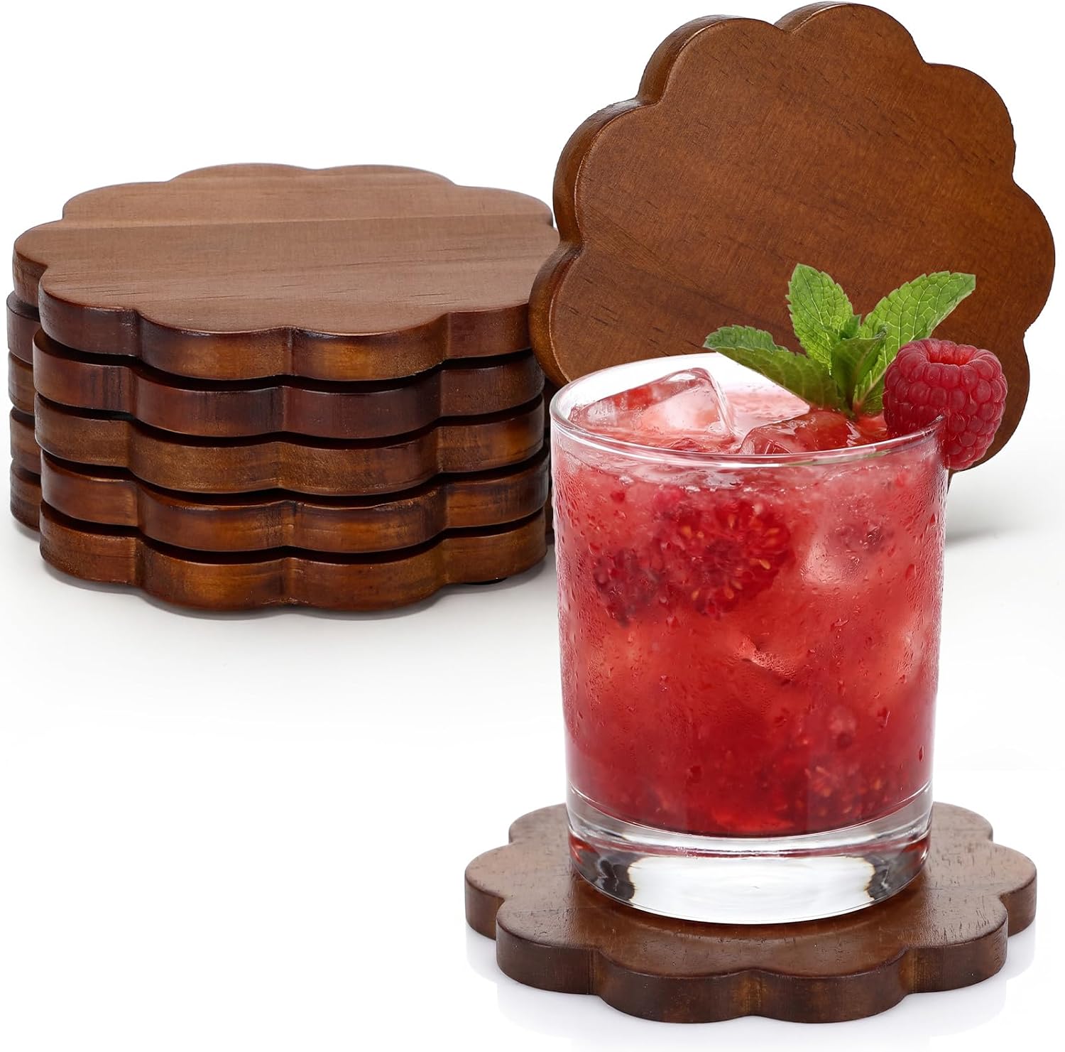 6 Pcs Wooden Coasters Scalloped Natural Wood, 4.7 Inch, Scallop
