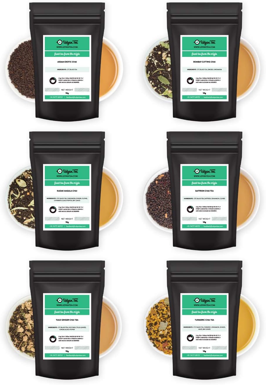 Udyan Tea Indian Chai Tea Sampler Pack - 60g | 6 Varieties - 10g Each | CTC Masala Chai Assorted Pack | Spicy Black Milk Tea Samples