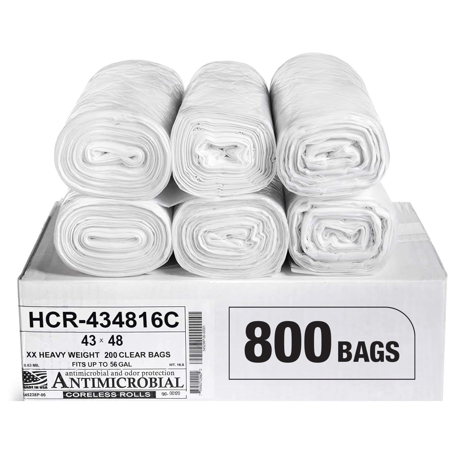 Aluf Plastics 56 Gallon 16 Micron (eq) Clear Trash Bags 43" x 48" 800 Count