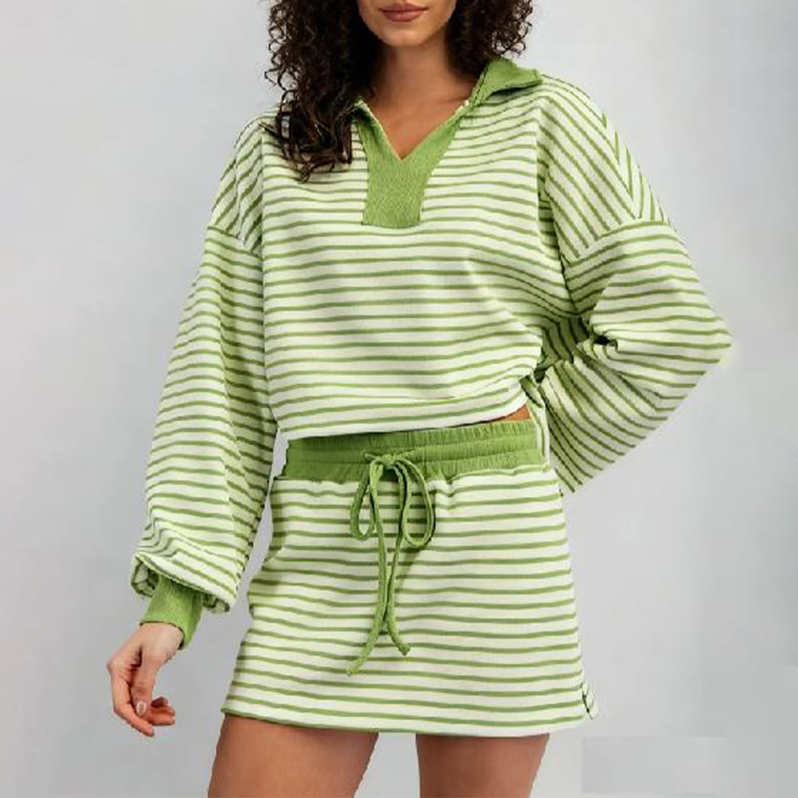 Sexy outfit Damski zestaw w paski Bluza z długim rękawem i dopasowana spódnica ze sznurkiem Casual 2-częściowy zestaw odzieży codziennej Streetwear