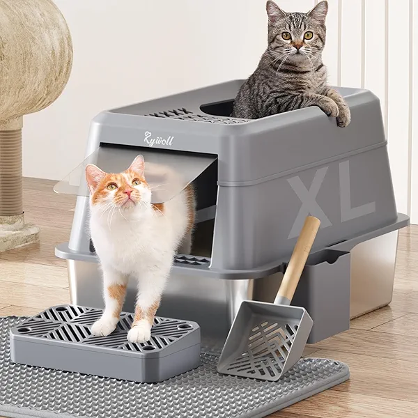 Rywell Stainless Steel Litter Box, Covered XL Extra Large Cat Litter Box Enclosure, Metal Kitty Litter Boxes with Lid, Litter Scoop, Filter Pedal and Litter Mat, Anti-Leakage, Non-Stick, Easy to Clean
