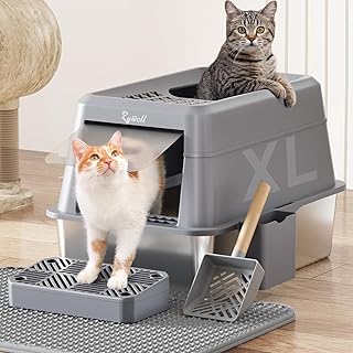 Rywell Caja de arena de acero inoxidable, caja de arena para gatos extra grande, cajas de arena de metal para gatos con tapa, cuchara de arena, pedal de filtro y alfombrilla de arena, antifugas,