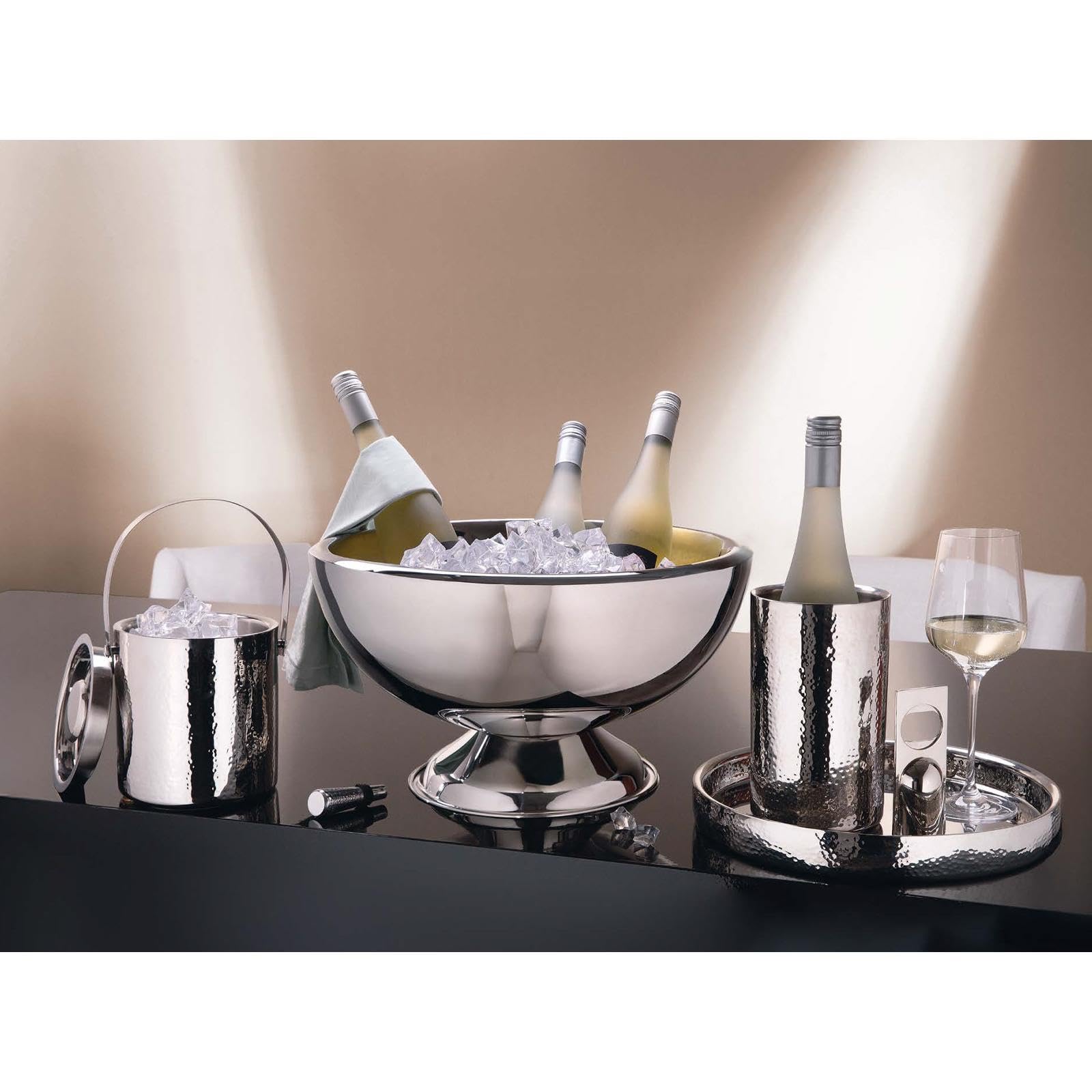 Fink Flaschenkühler Edelstahl 19 cm - doppelwandiger Weinkühler für 1 Flasche - gehämmerter Champagnerkühler silber - stilvoller Getränkekühler für Wein und Sekt