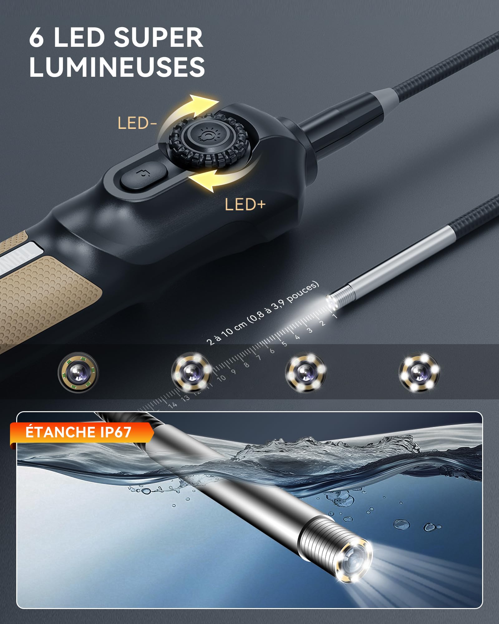 Caméra Endoscopique THINKCAR TES102 avec Éclairage, Endoscope HD de 0,21 Pouce avec 6 LED Réglables, Caméra Semi-Rigide Étanche IP67, Endoscope D'inspection avec Prise de Vue Instantanée en Un Clic