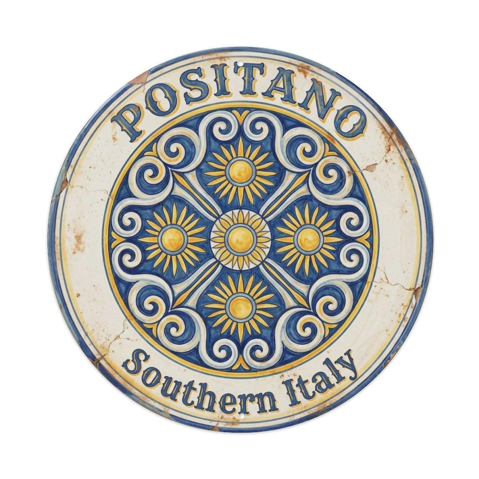 Southern Italy Positano Campania Italian Retro Holiday Metal Tin Sign Plaque Wall Decor for Cafe, Man Cave, Club Bar, Office, Home Garden Round Metal Poster 8x8Inch
