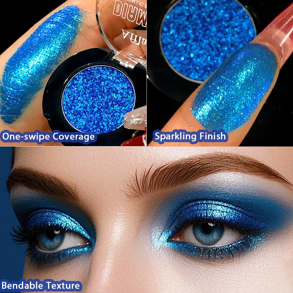 Afflano Red Glitter Eyeshadow, Diamond Bright Red Eyeshadow Instant Color, Super Pigmented Single Red Metallic Eyeshadow One Swipe, Holographic Red Shimmery Eye shadow for Goth Smoky Clown Eyes Makeup: blue 30H