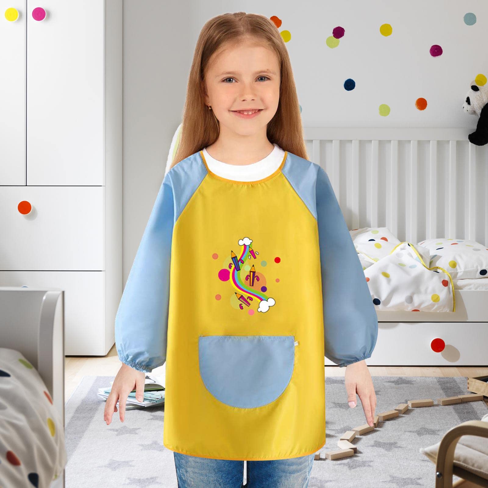 Pack De 2 Delantales De Arte Infantil De Manga Larga – Azul Y Morado Con Bolsillo Frontal, Tallas Para Niños De 2 A 12 Años, Protección Para Pintar Y Manualidades