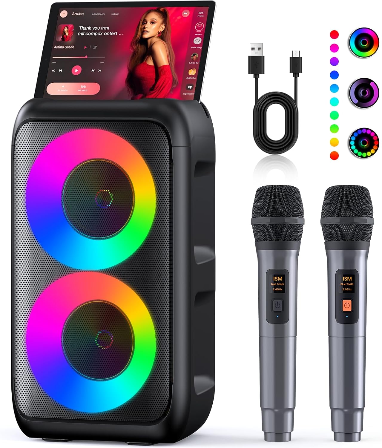 Karaoke Machine, Portable Bluetooth Speaker with 2 Wireless Karaoke Microphones, Karaoke Machine for Adults Kids with PA System, Support TWS/TF/USB/AUX for Home Party Stage Monitors,Xmas Gifts (Black)