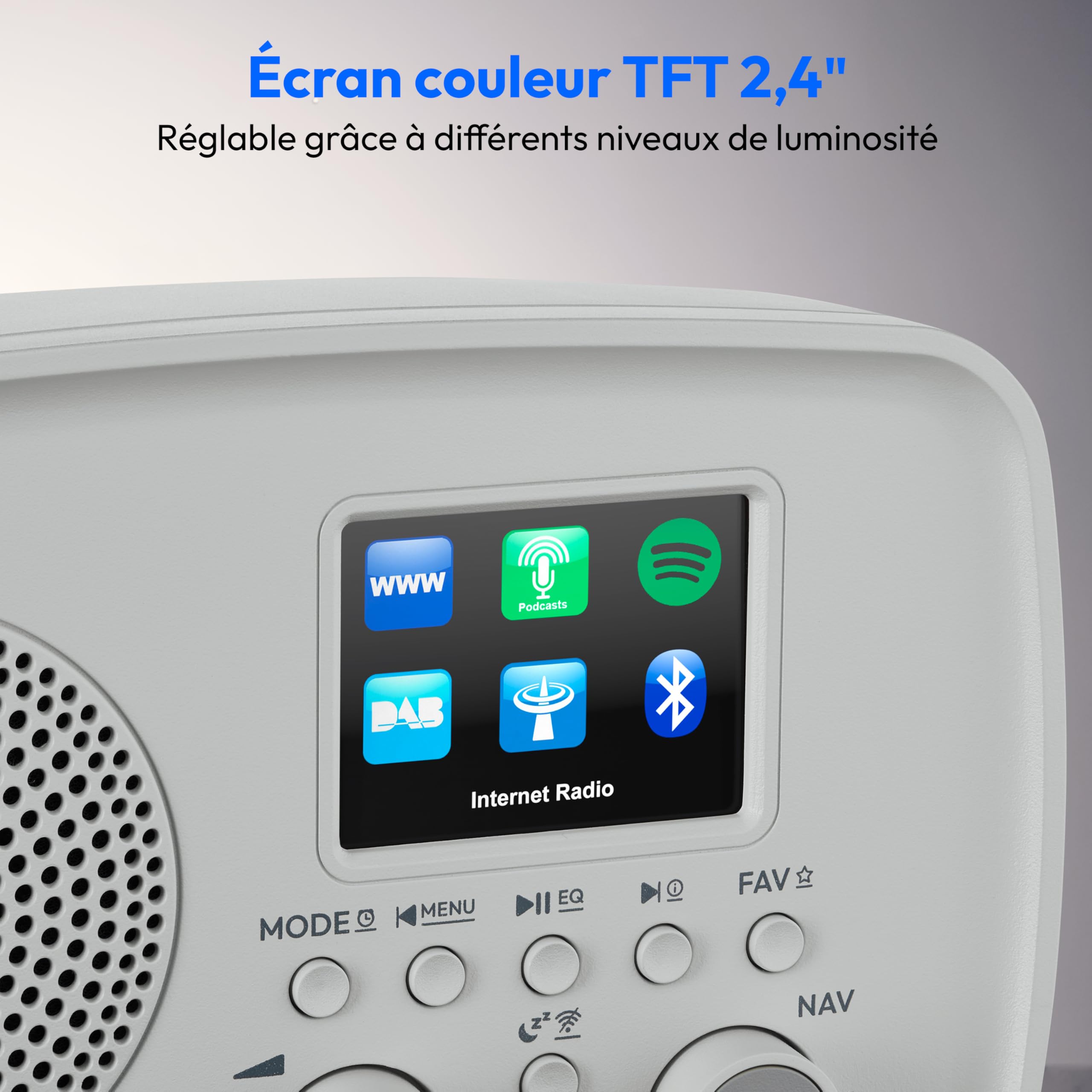 MEDION Radio Internet avec Dab+ IRE-1 (Dab+, Wi-FI, FM, Bluetooth, étanche, antenne télescopique, Spotify Connect, réveil, minuterie, dimmer) Gris