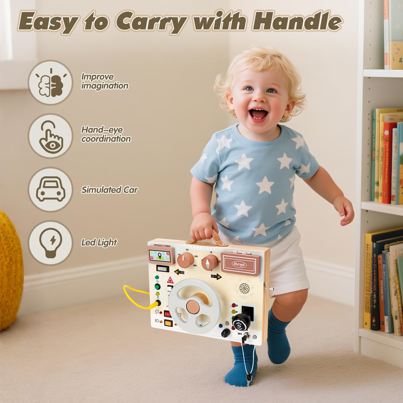 Joyreal Toddler Busy Board with LED Lights, Steering Wheel, Sounds, Montessori Toys for 1+ Year Old, Fidget Board Sensory Travel Toy, Gifts for Boys and Girls — view 6