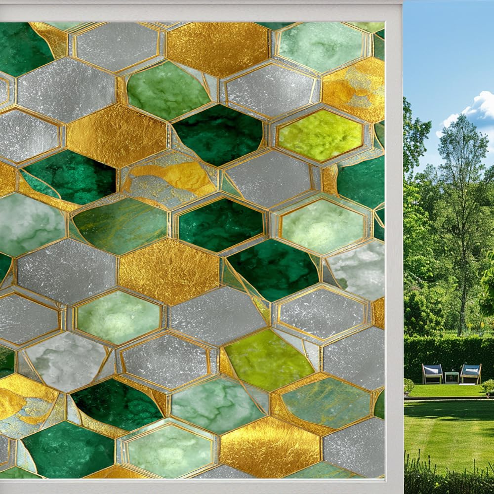 Pmlbaous Abstract Hexagon Frosted Window Film, Texture Geometric Color Blocks Stained Glass Privacy Film, Heat Insulation Self-Adhesive Vinyl For Bathroom Office, （40X90cm）