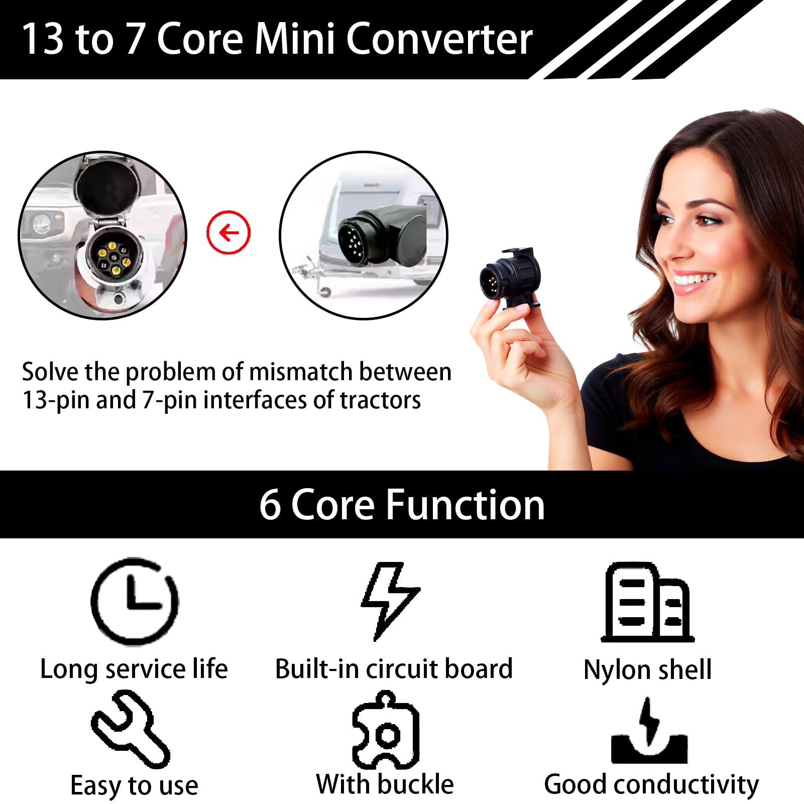 13 Pin to 7 Pin Towing Adaptor, Heavy Duty Waterproof Trailer Plug Converter, Universal 13 Pin Trailer Plug Socket Adaptor for Car Caravan Camper Van, Truck Trailer Durable 12V Connector Black — view 5