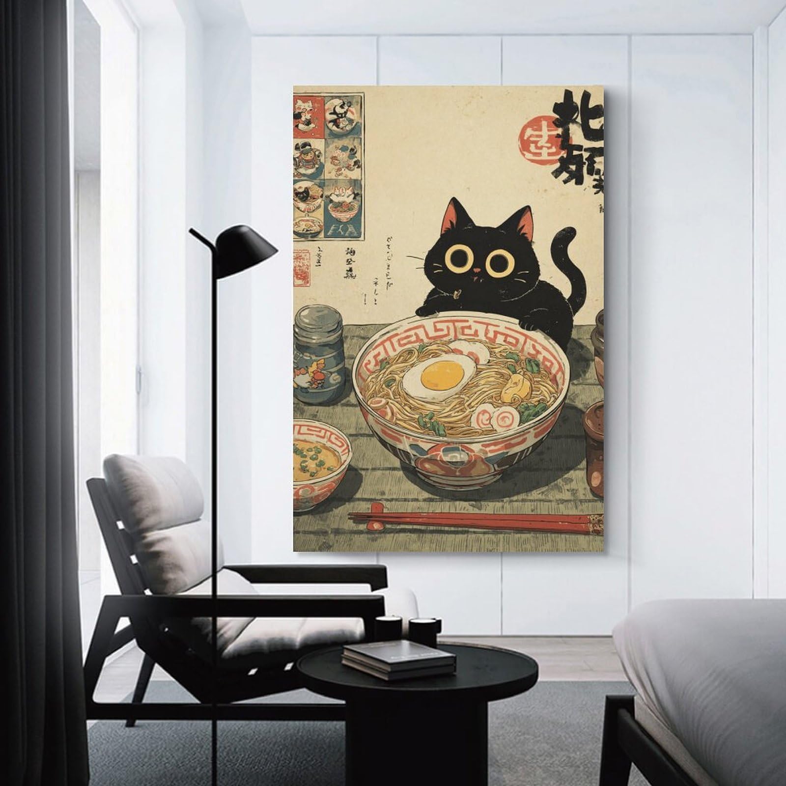 Junmoney Unframe-Style-21 Japanese Ramen Noodles With Black Cat Canvas Wall Decor, 08X12inch(20X30cm), For Wall Displays, Bedrooms Or Room Updates, Wall Decor Suited To Curated Displays
