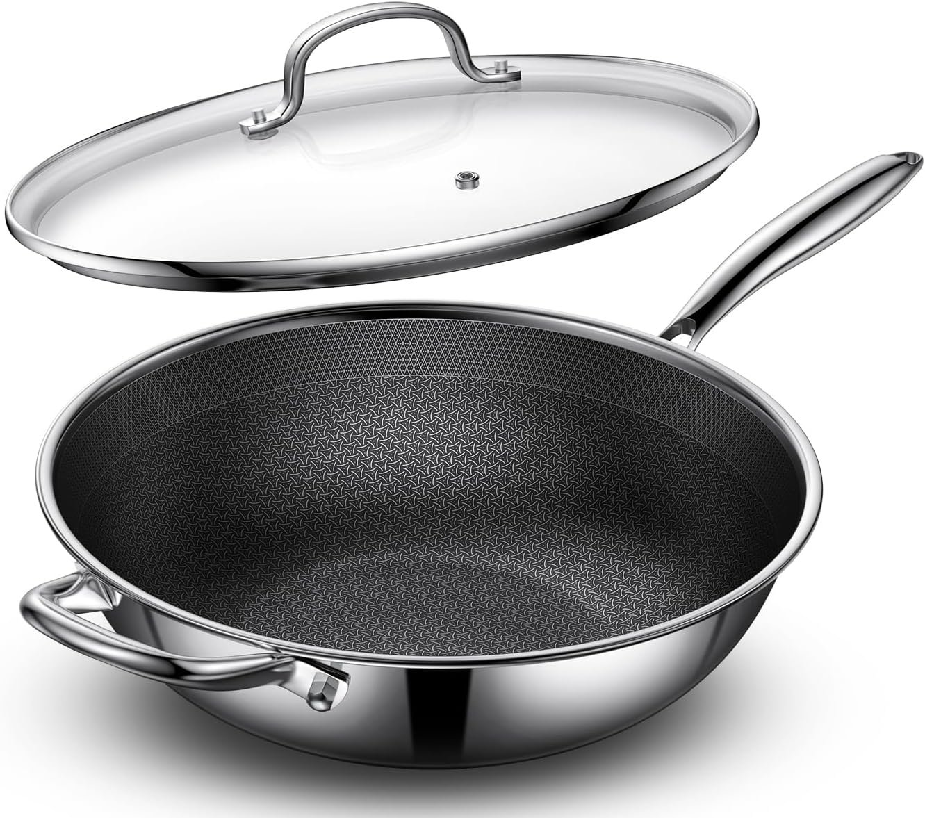 13" Hybrid Nonstick Stainless Steel Wok with Glass Lid, Laser-Textured Wok Pan, PFOA-Free Woks & Stir-Fry Pans, Oven & Dishwasher safe, Induction Ready, Compatible for Gas Electric Glass Cooktops