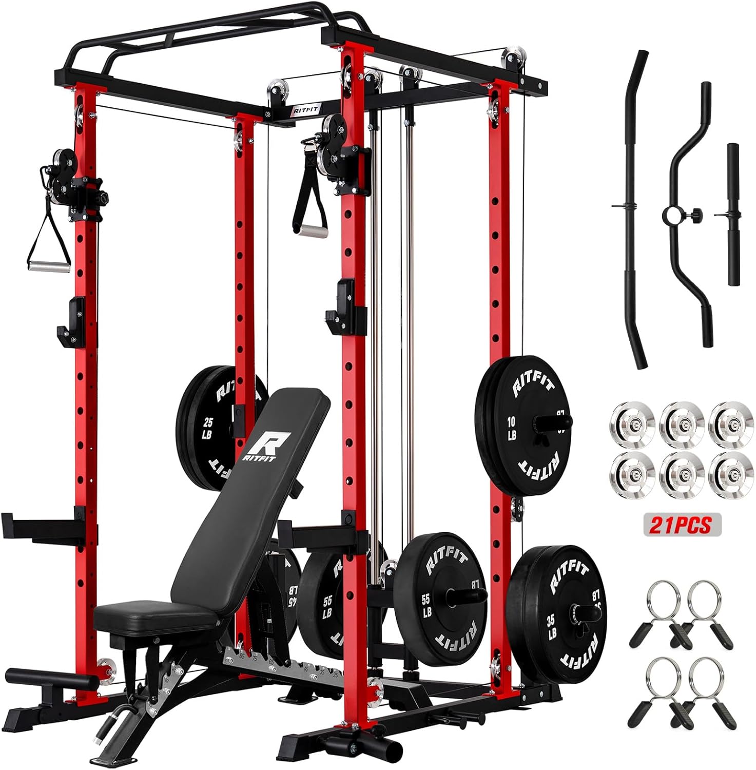 RitFit Power Cage with Optional LAT PullDown/Cable Crossover, 1000LB Squat Rack for Home & Garage Gym, with Weight Storage Rack and More Training Attachments, ASTM-Certified