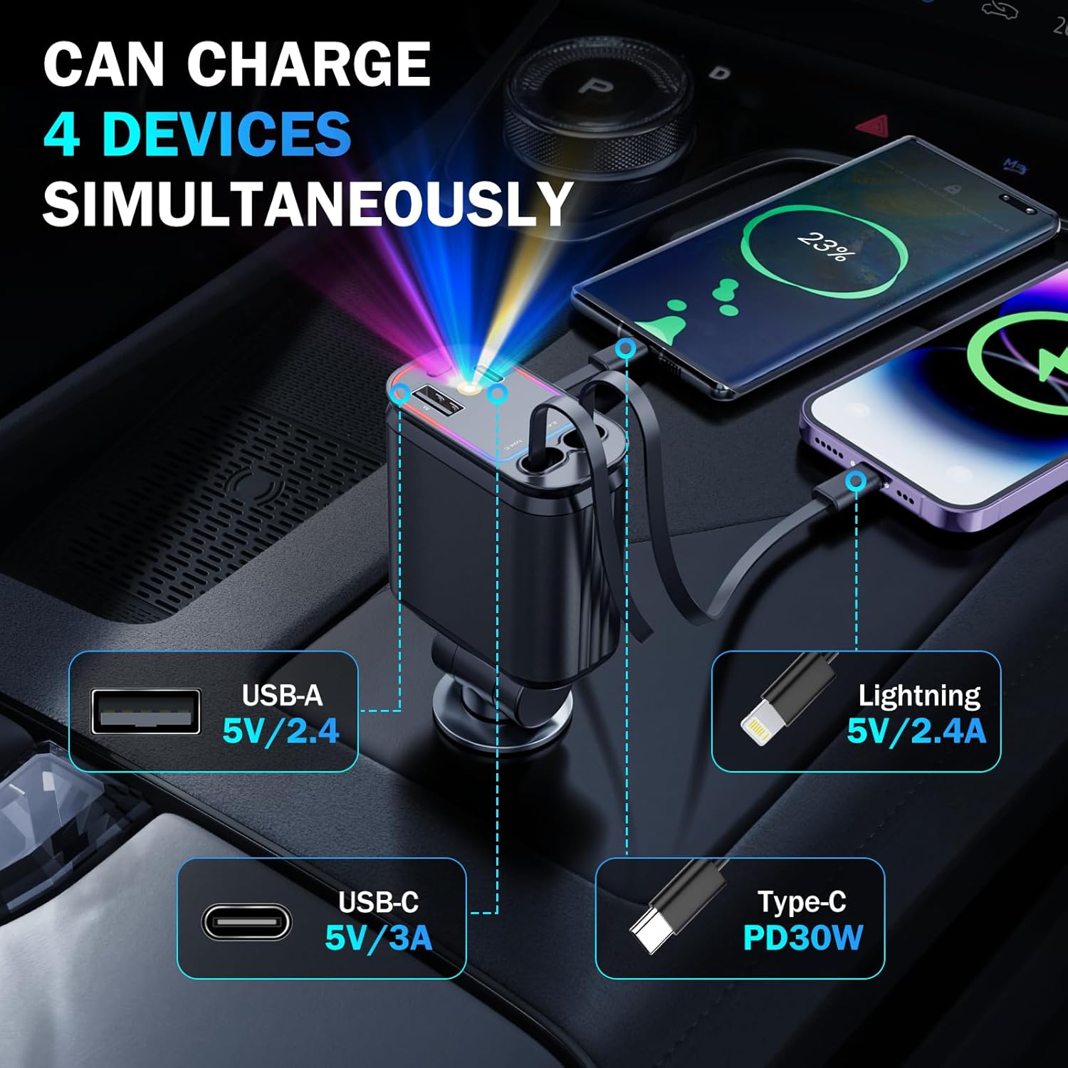 Ofottofo Chargeur Voiture Rétractable Allume-Cigare USB-C 4-en-1 avec Charge Rapide 66W et Lumière Étoilée - Image détaillée