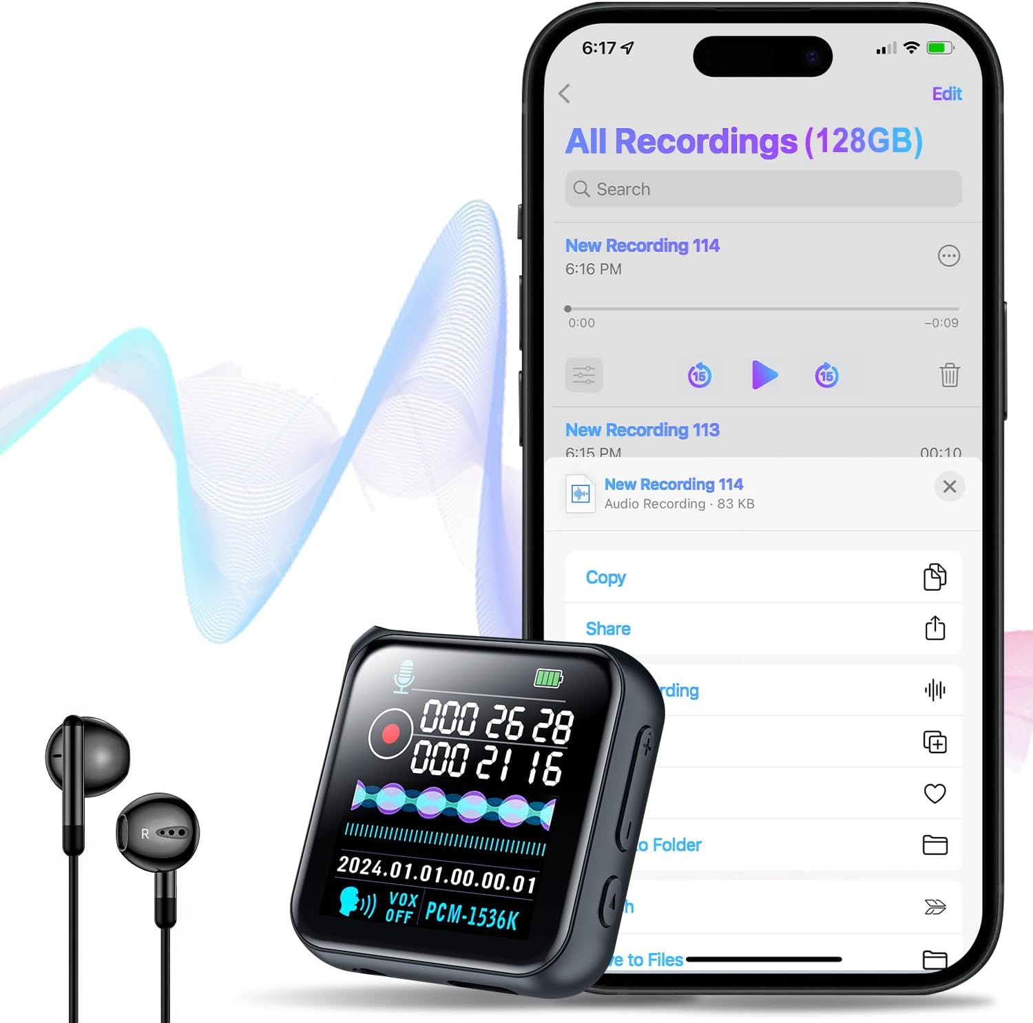 128GB Voice Recorder, Digital Voice Recorder Noice Reduction, MP3 Player, One Button Secret Small Recording Devices, Audio Recorder Device with Playback Compatible with Phone/PC for Singing, Interview