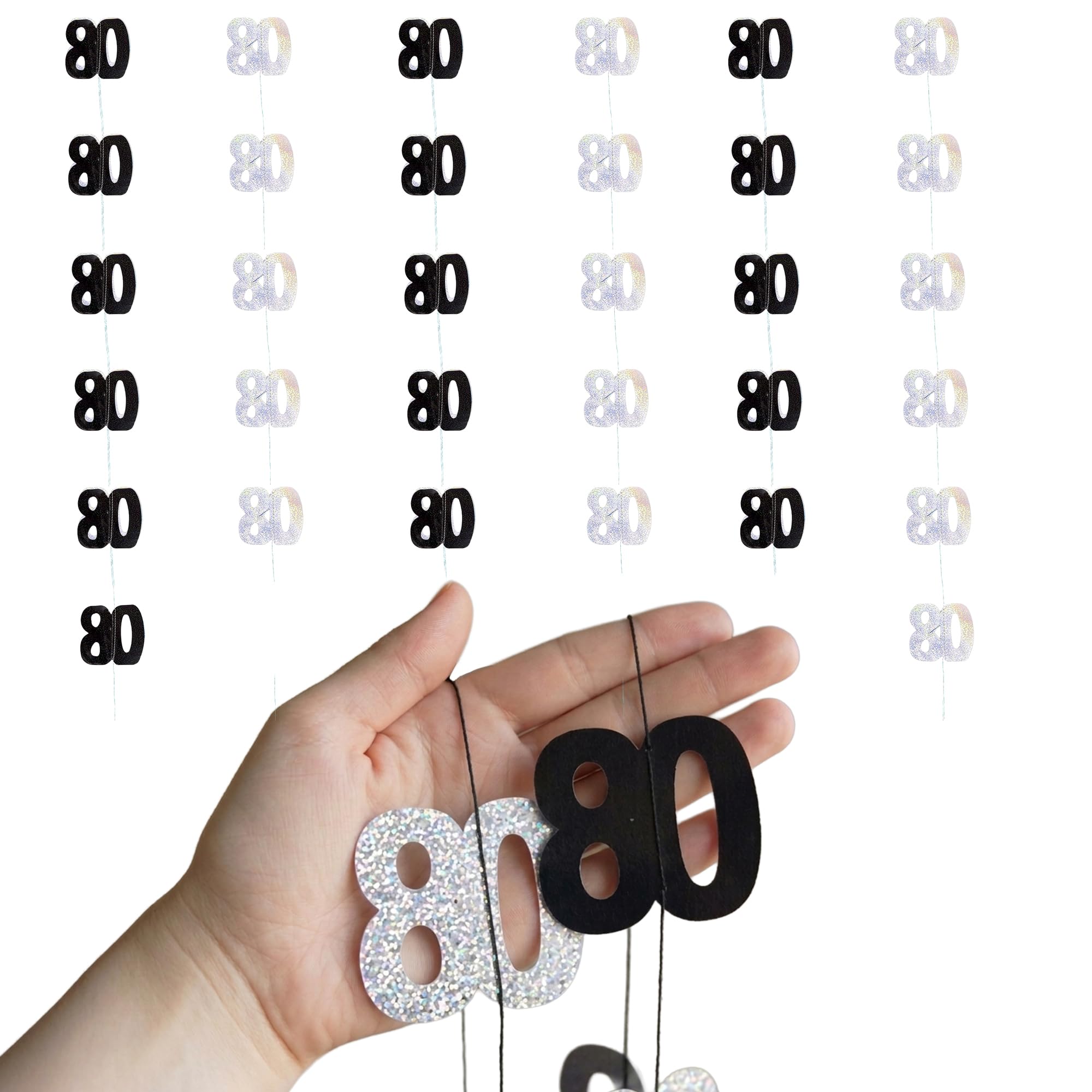 Shatchi Black And Silver 80Th Glitz Black & Silver Anniversary Birthday Metallic Hanging String Decorations, Shiny Foil Banner For Party Doors And Walls, Pack Of 6