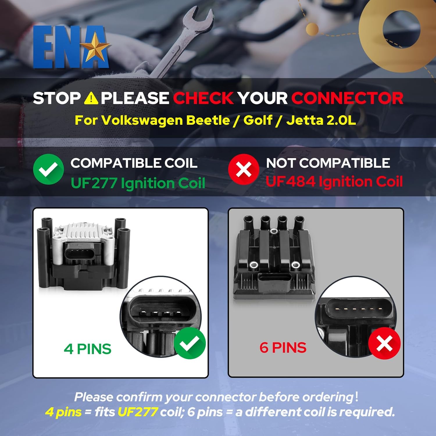 ENA Ignition Coil Pack 2.0 Compatible with VW 1998 1999 2000 2001 Beetle Golf, 1999 2000 2001 2011 2012 2013 2014 2015 Jetta S Base L4 2.0L Replacement for 032905106E C1319 UF277