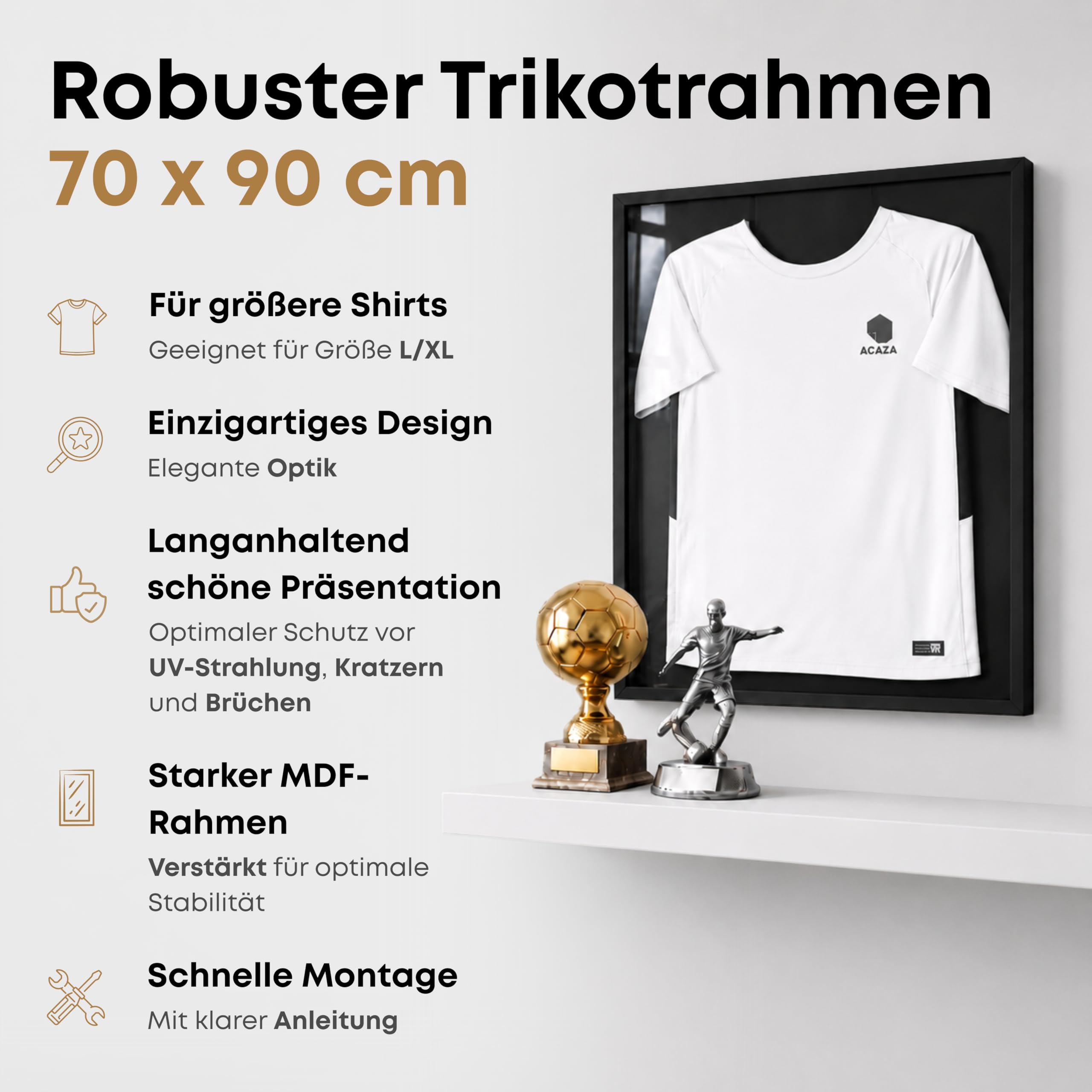 ACAZA Trikotrahmen 70 x 90cm XL Groß, 3D Bilderrahmen tief zum befüllen mit Fußball-, Eishockey-, Rugby-, NBA-trikot, mit Aufhänger, Holz und Acrylglas, Schwarz