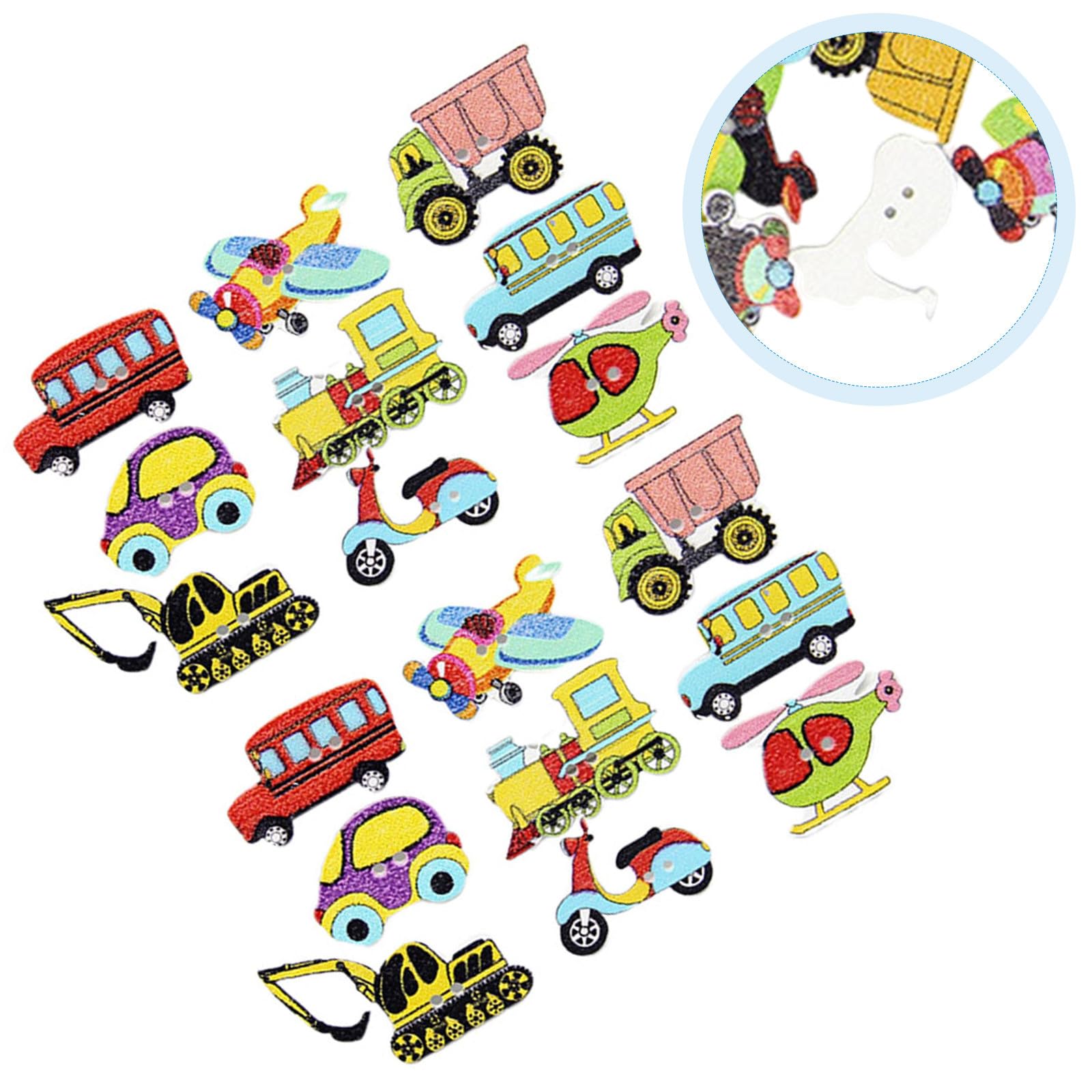 PLAFOPE Holzknöpfe 100 Stück Packung Farbenfrohe Cartoon Fahrzeugmotive Geeignet für Selbstgemacht Nähprojekte und Kinderbekleidung Zufällige Farbe