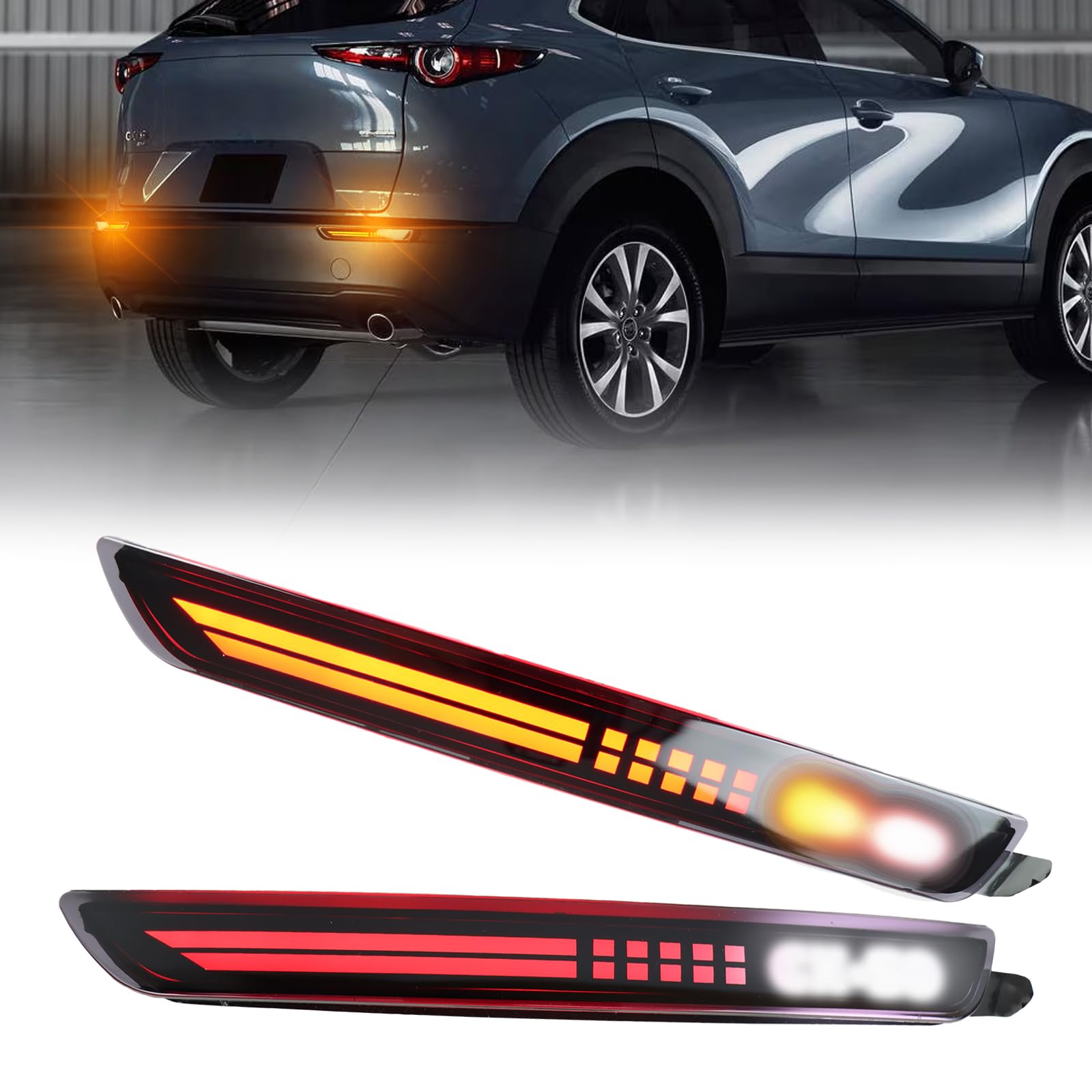 Smoked LED Rear Bumper Reflectors Fog Brake Tail Light Sequential Turn Signal Lamps Accessories Compatible with Mazda CX30 CX-30 2020 2021 2022