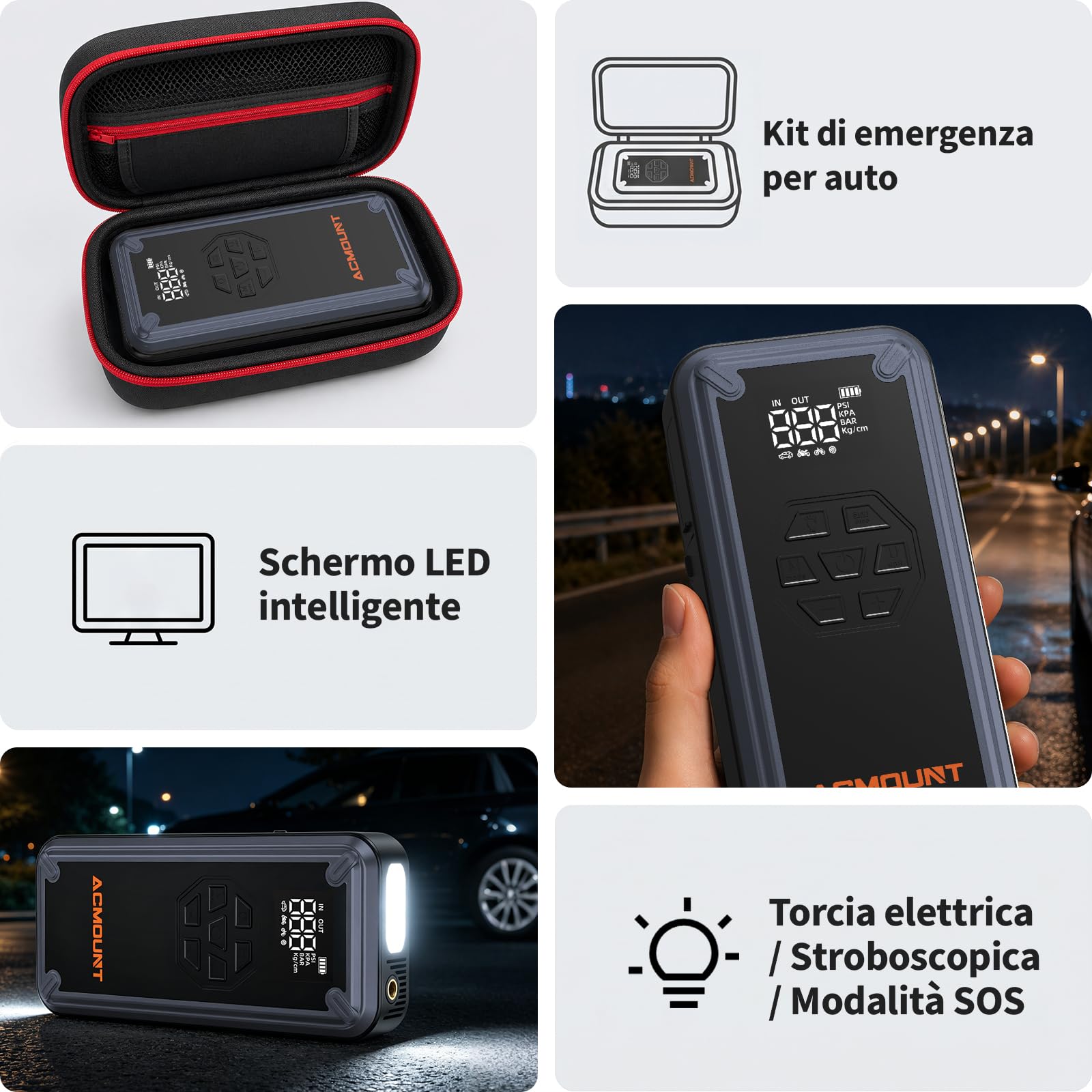 ACMOUNT Avviatore Batteria Auto 7000A, Booster Avviatore Auto con Compressore 150PSI (Per Benzina 9L/Diesel 8L) Starter Batteria Portatile 12V Jump Start con Ricarica Rapida 18W, LED & LCD