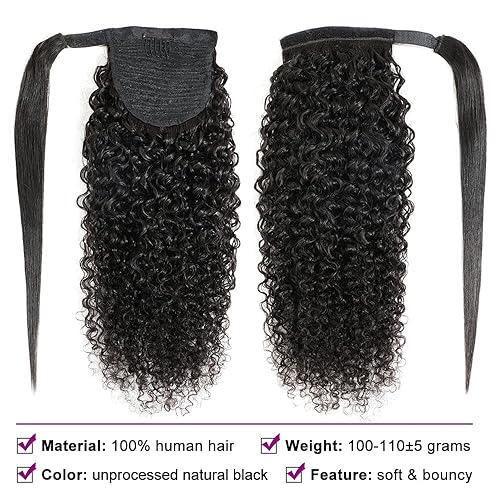 Miniatura 2 de Extensión de cola de caballo de 16 pulgadas de cabello humano rizado para mujeres negras, pieza de cabello envolvente con pasta mágica