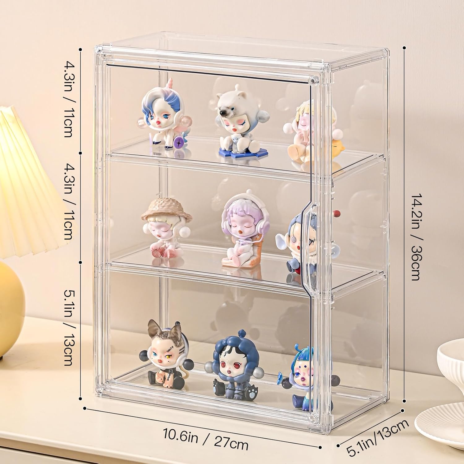 2 Pack 3 Tier Clear Display Case for Figures, Wall-Mounted Acrylic Storage Organizer Box, Stackable Display Cabinet with Magnetic Door & Removable Shelves, Showcase for Collectibles, Figures