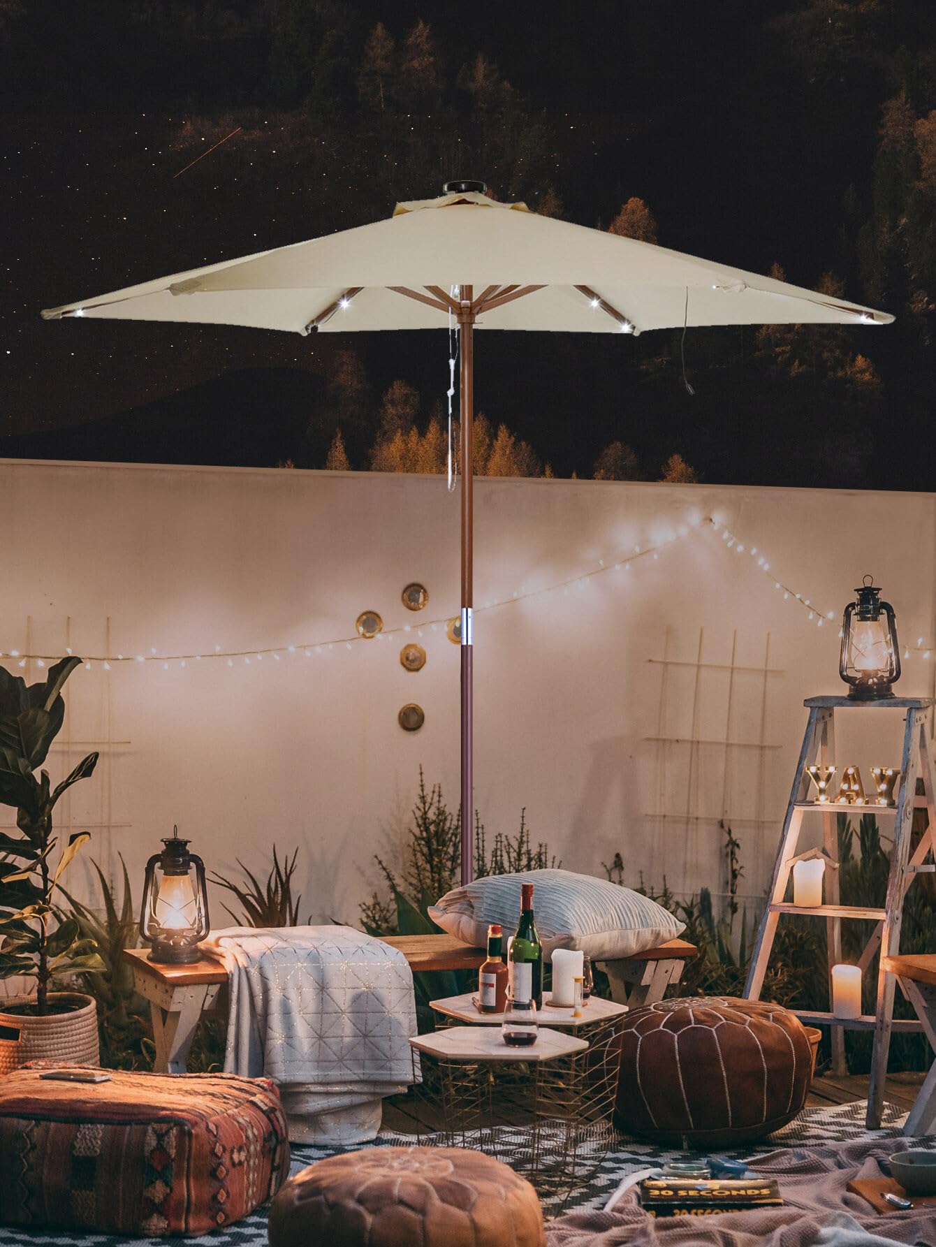 9 ft 8 rib patio umbrella string lights Yescom Solar String Light 30LED for 6-Rib 8 ft 9 ft Patio Umbrella Wooden  Outdoor Deck Restaurant with Plastic Clips Cool White