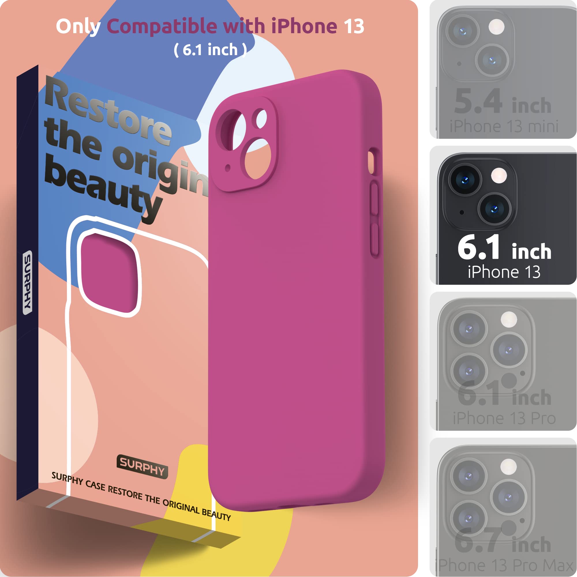SURPHY Cover per iPhone 13 con Vetro Temperato (6,1"), Custodia per iphone 13 Silicone con Protezione Fotocamera, case protezione Completa,Antiurto, Morbida Microfibra Antigraffio (Rosa Caldo)