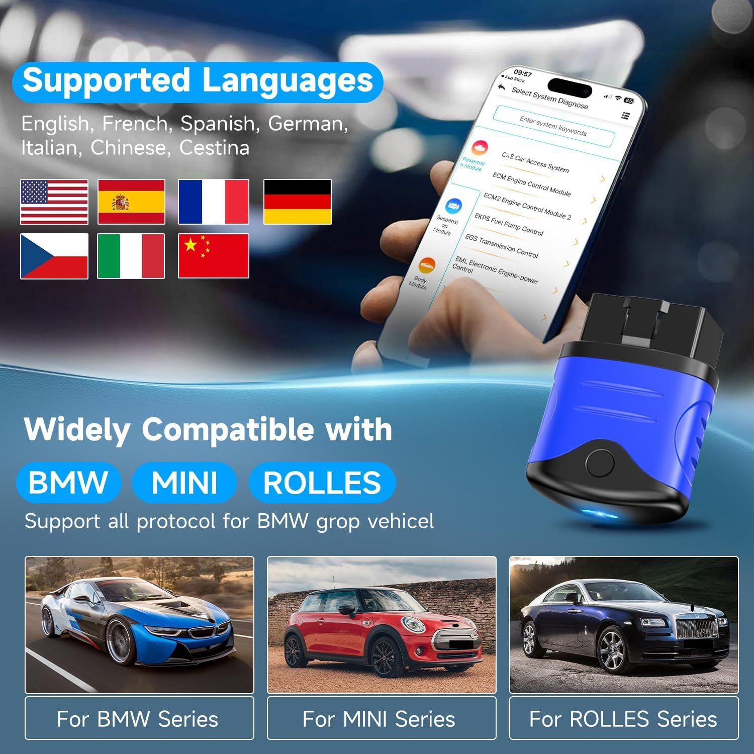 AUTOPHIX OBD2 Bluetooth Adapter, Auto Diagnosegerät Check Motor ABS SRS Getriebe Drahtlose Auto Auslesegerät Fehlercode Lesegerät mit Batterie Test Exklusive APP für iPhone und Android (Blau)